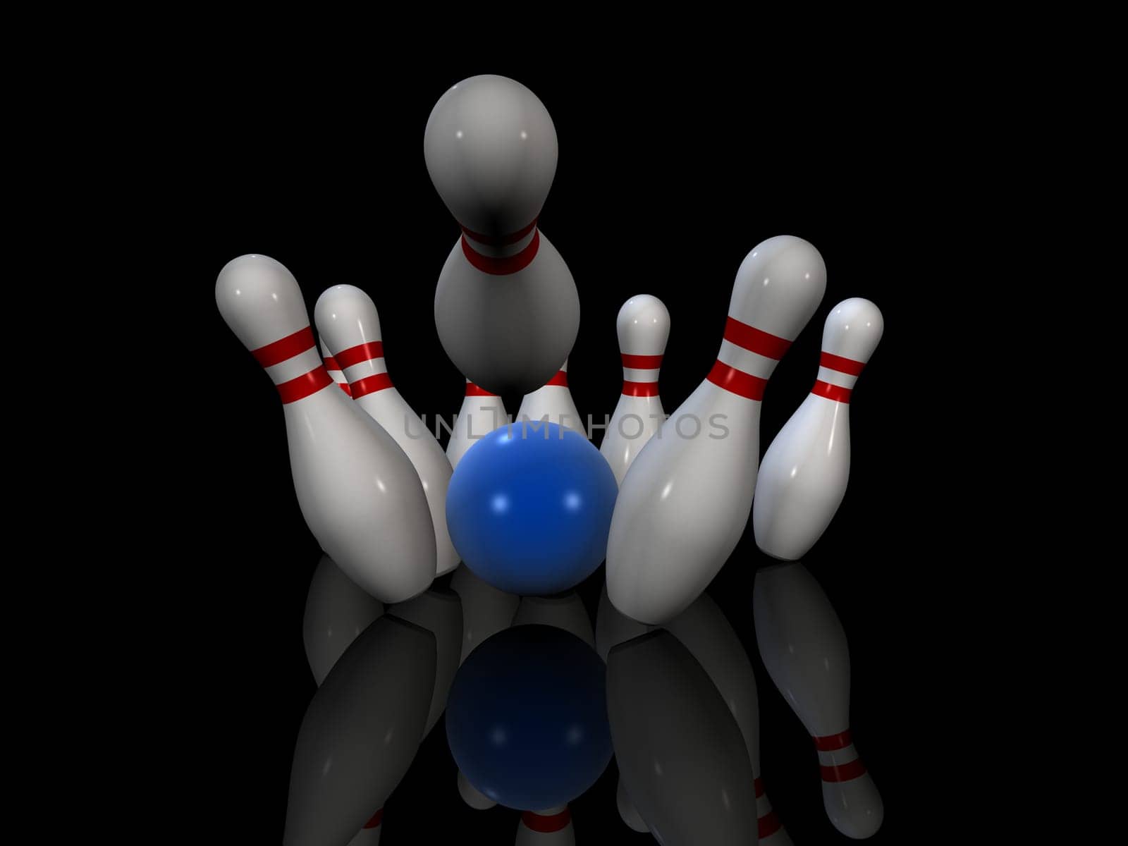 3d rendered illustration of some bowling pins and a blue ball