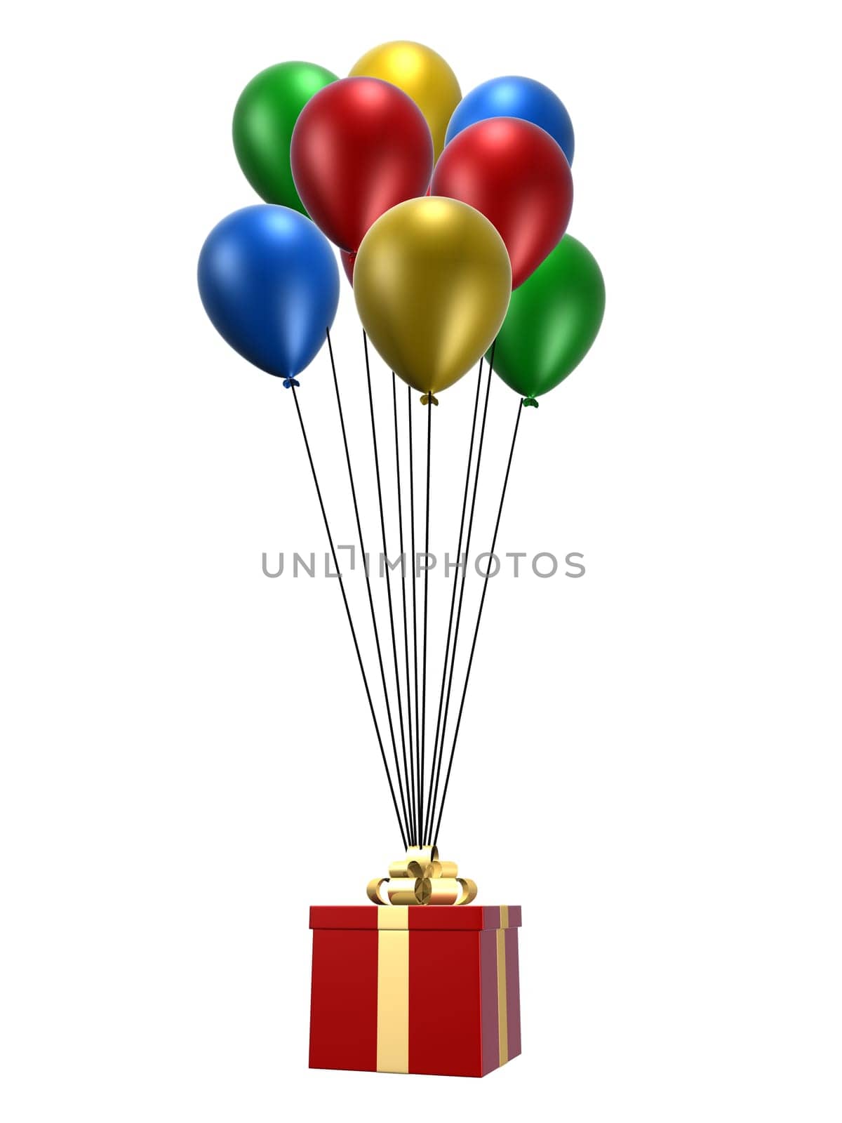 3d rendered illustration of a red present on colorful balloons