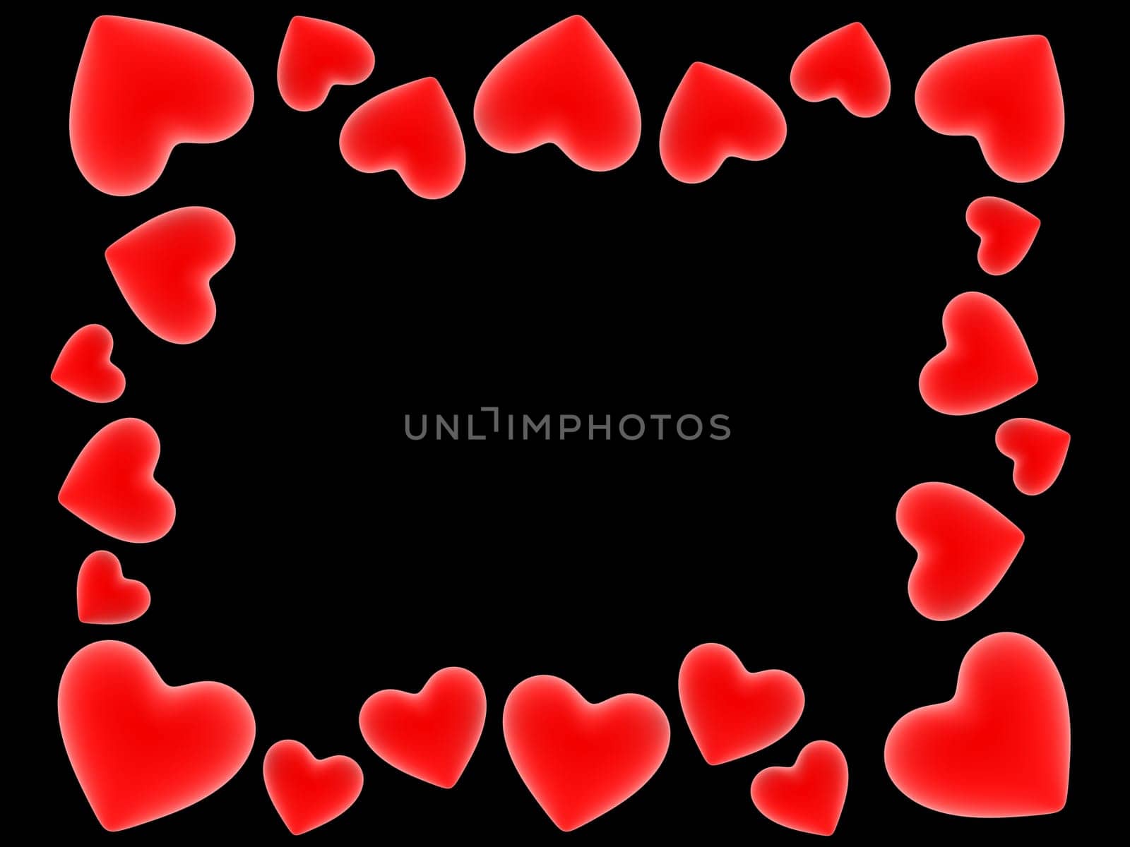 3d rendered illustration of red hearts on a black backgrounds