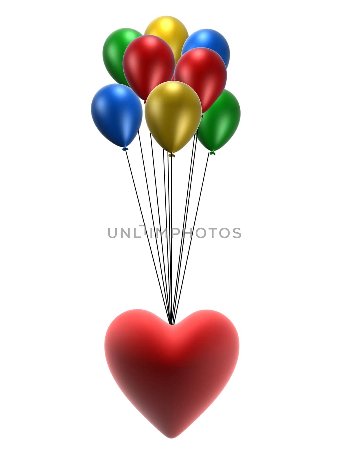 3d rendered illustration of a red heart on colorful balloons