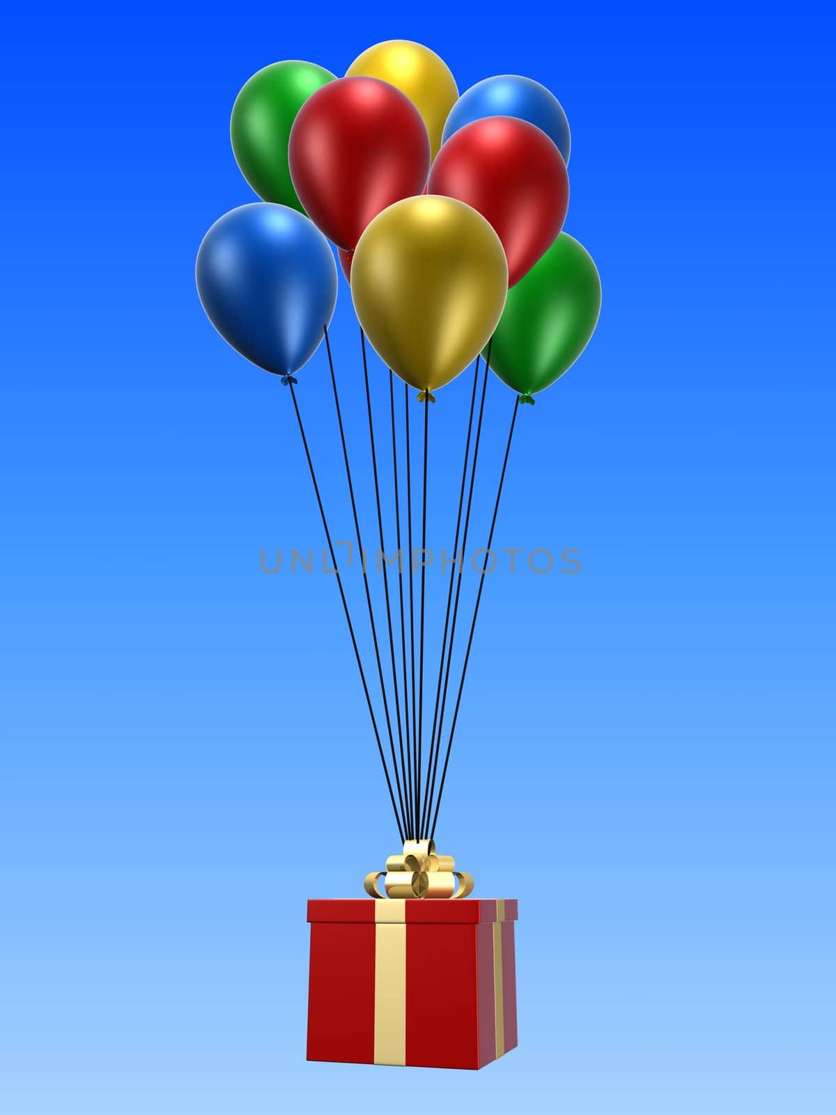 3d rendered illustration of a red present on colorful balloons