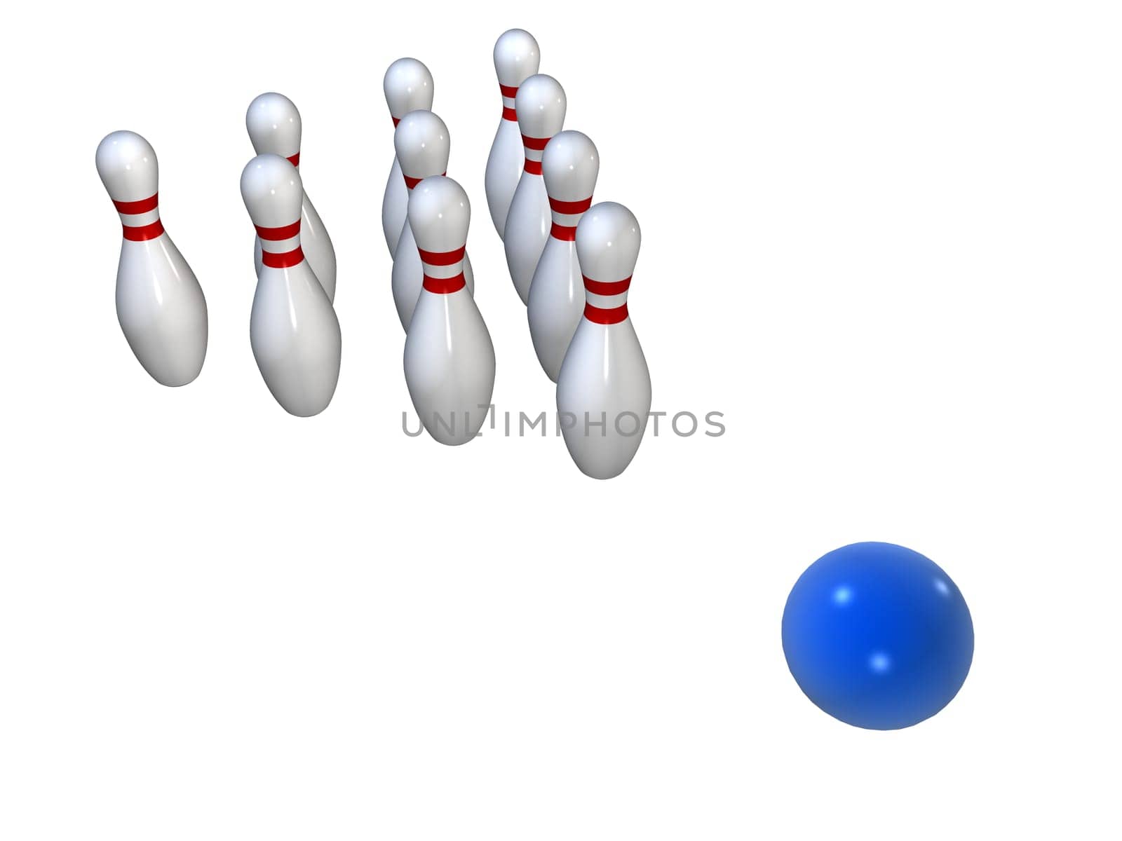 3d rendered illustration of some bowling pins and a blue ball