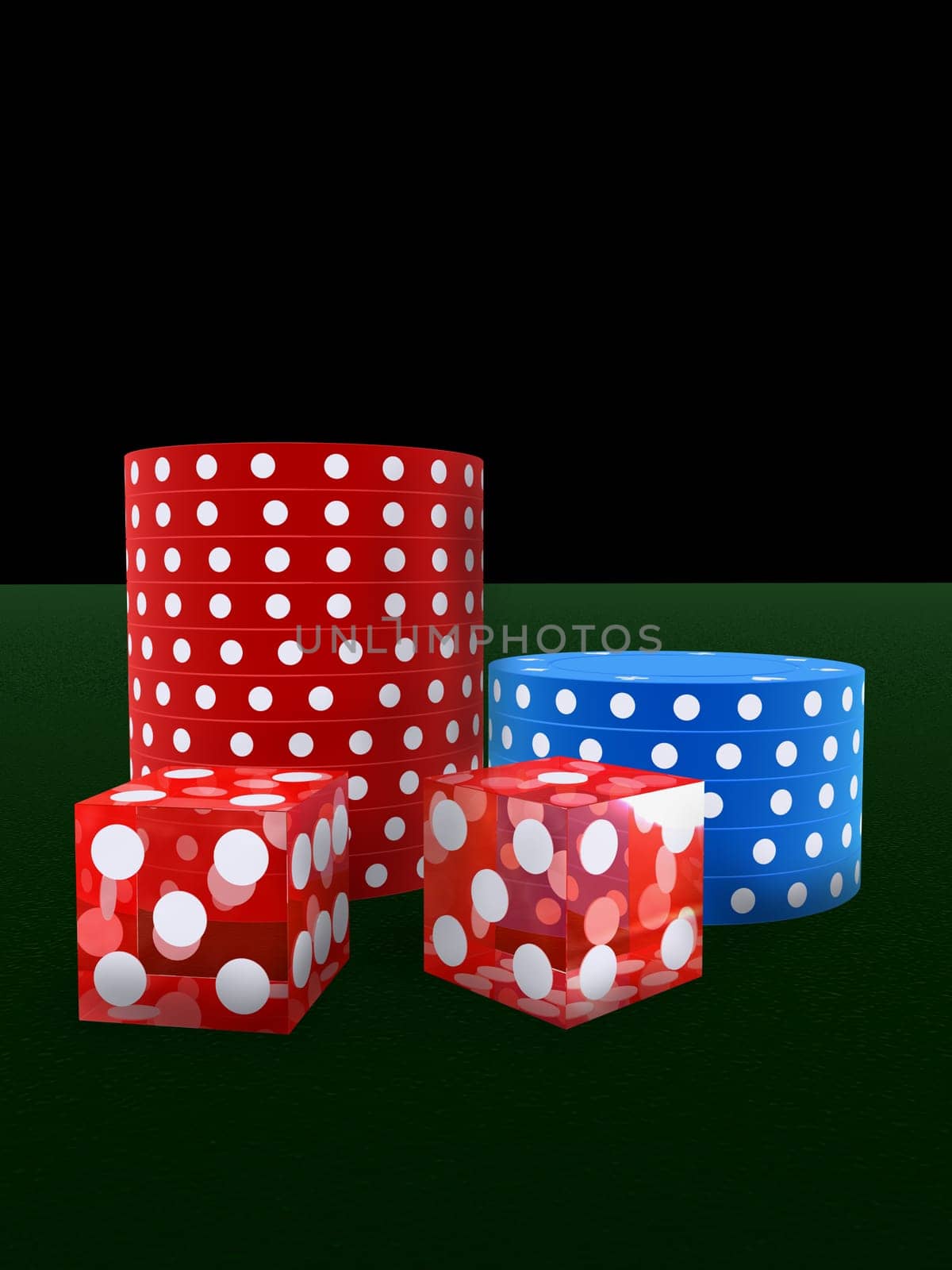 3d rendered illustration of some jetons and red dice