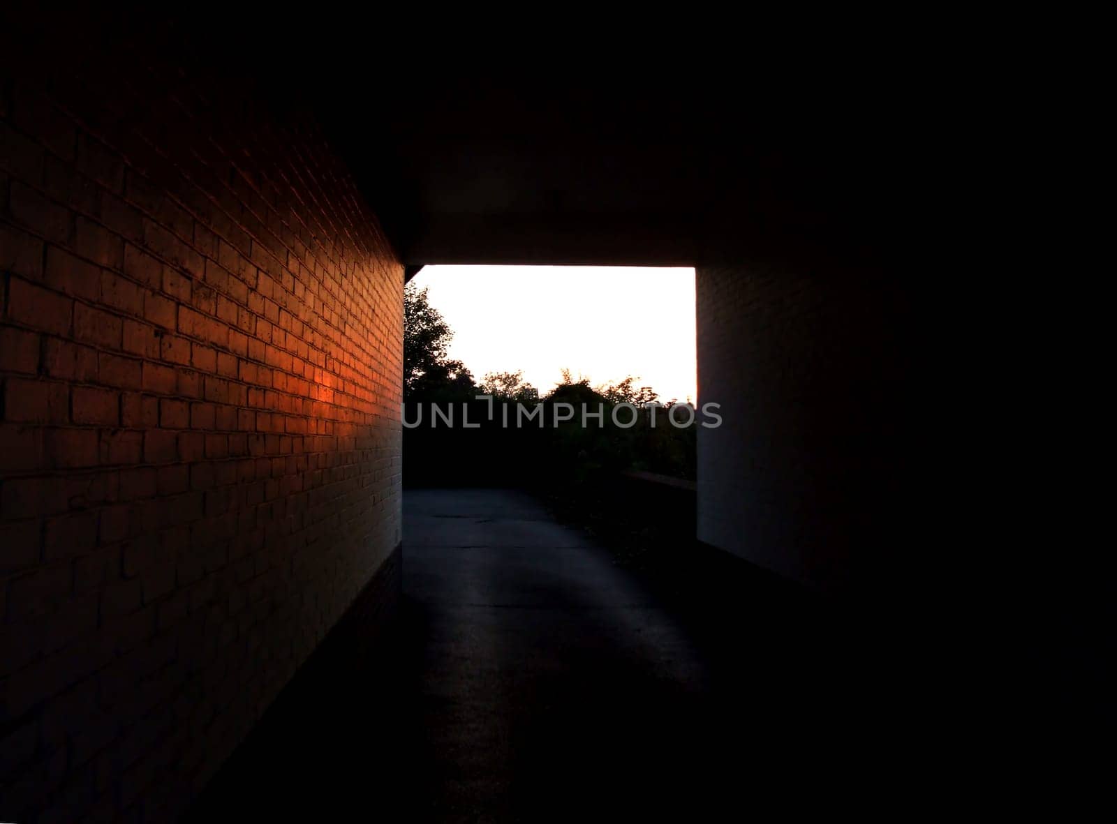 Sunset light shining through a tunnel and reflecting off the bricks.
