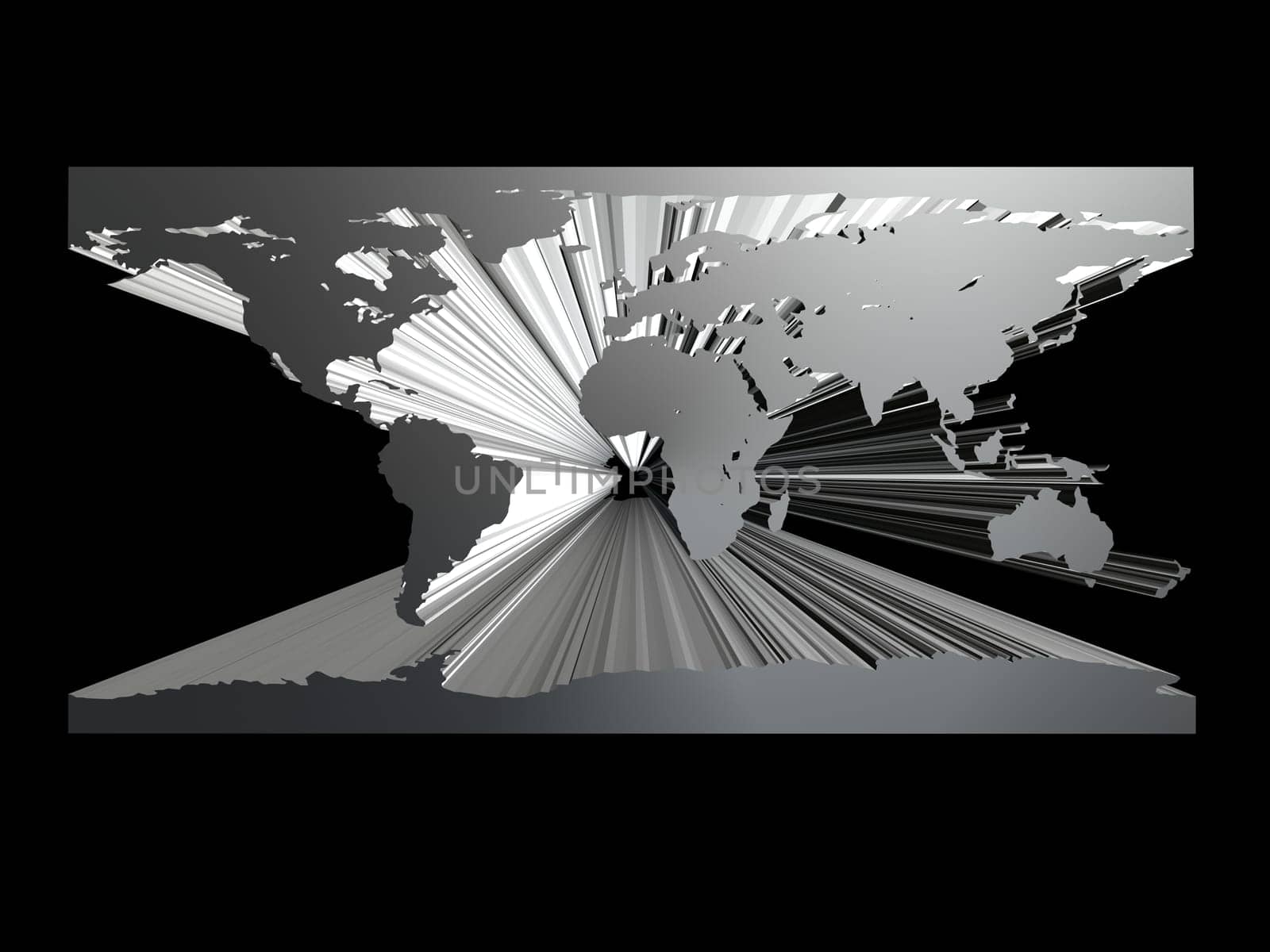 3d rendered illustration of a silver world map on a black background