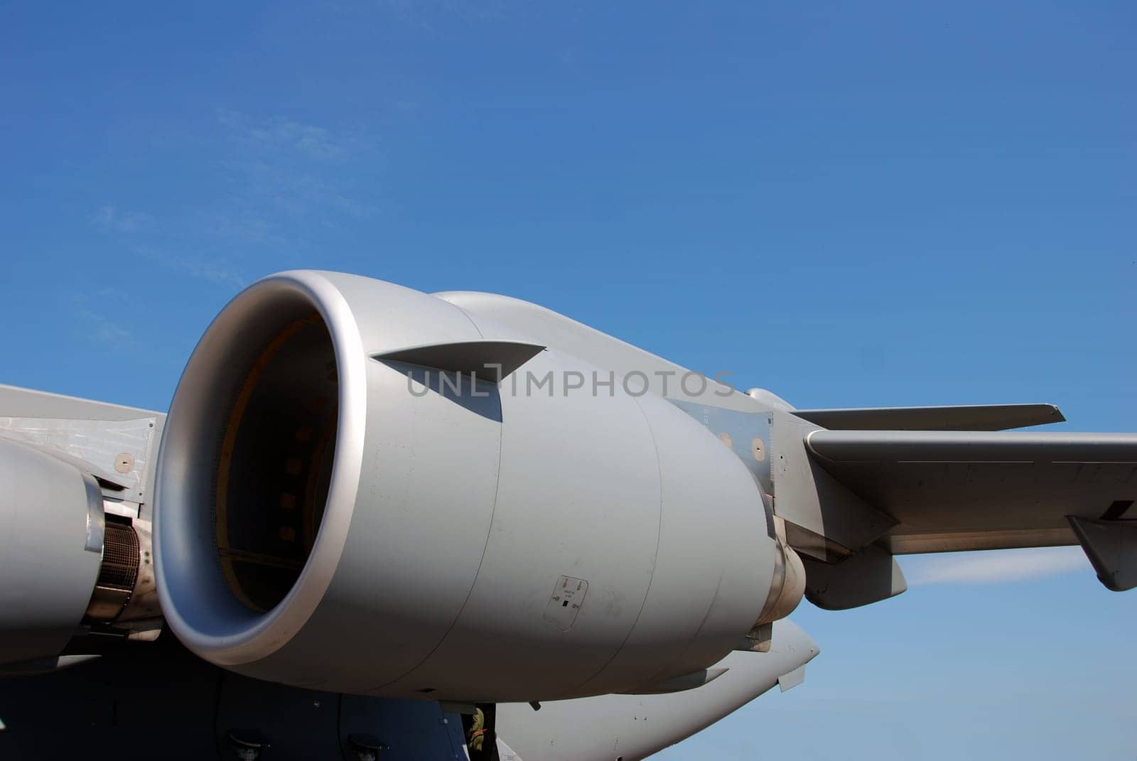 Closeup view of engine on military transport airplane C-17 Globemaster