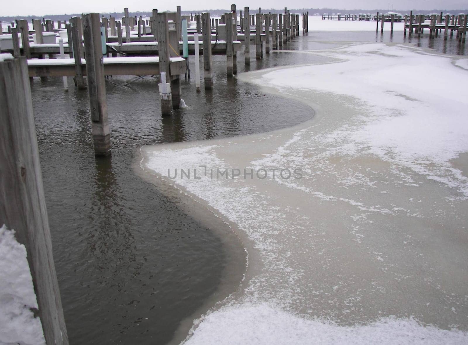 Ice formation along the marina slips.