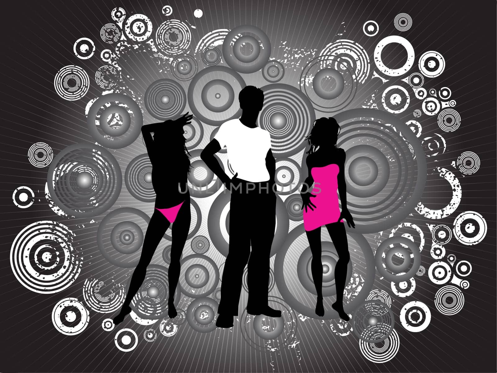 Silhouettes of hip young people on grunge background