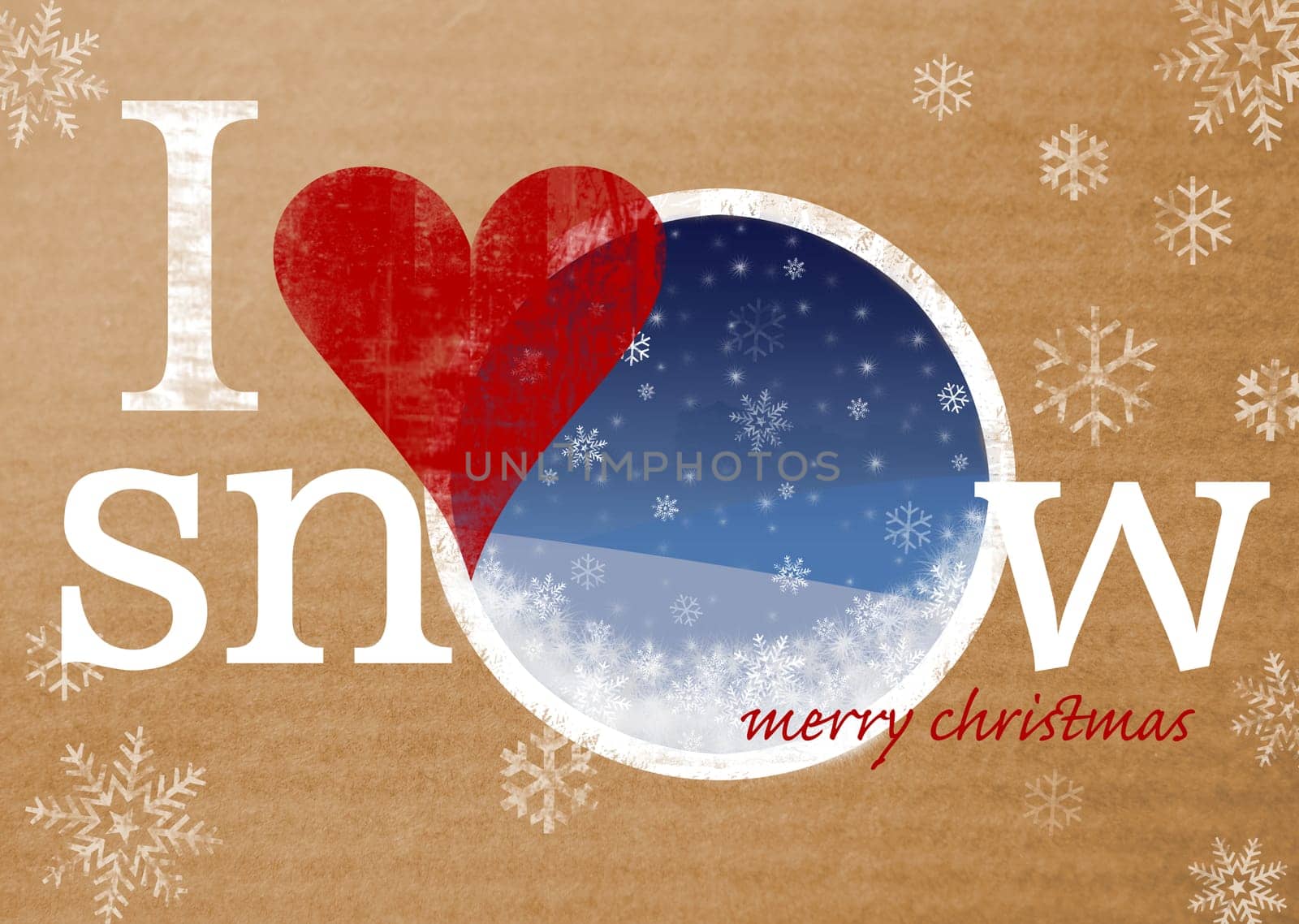 i love snow greeting card / wallpaper / background - retro style, faded and stressed artwork on parcel paper. traditional retro feel yet fresh modern style.