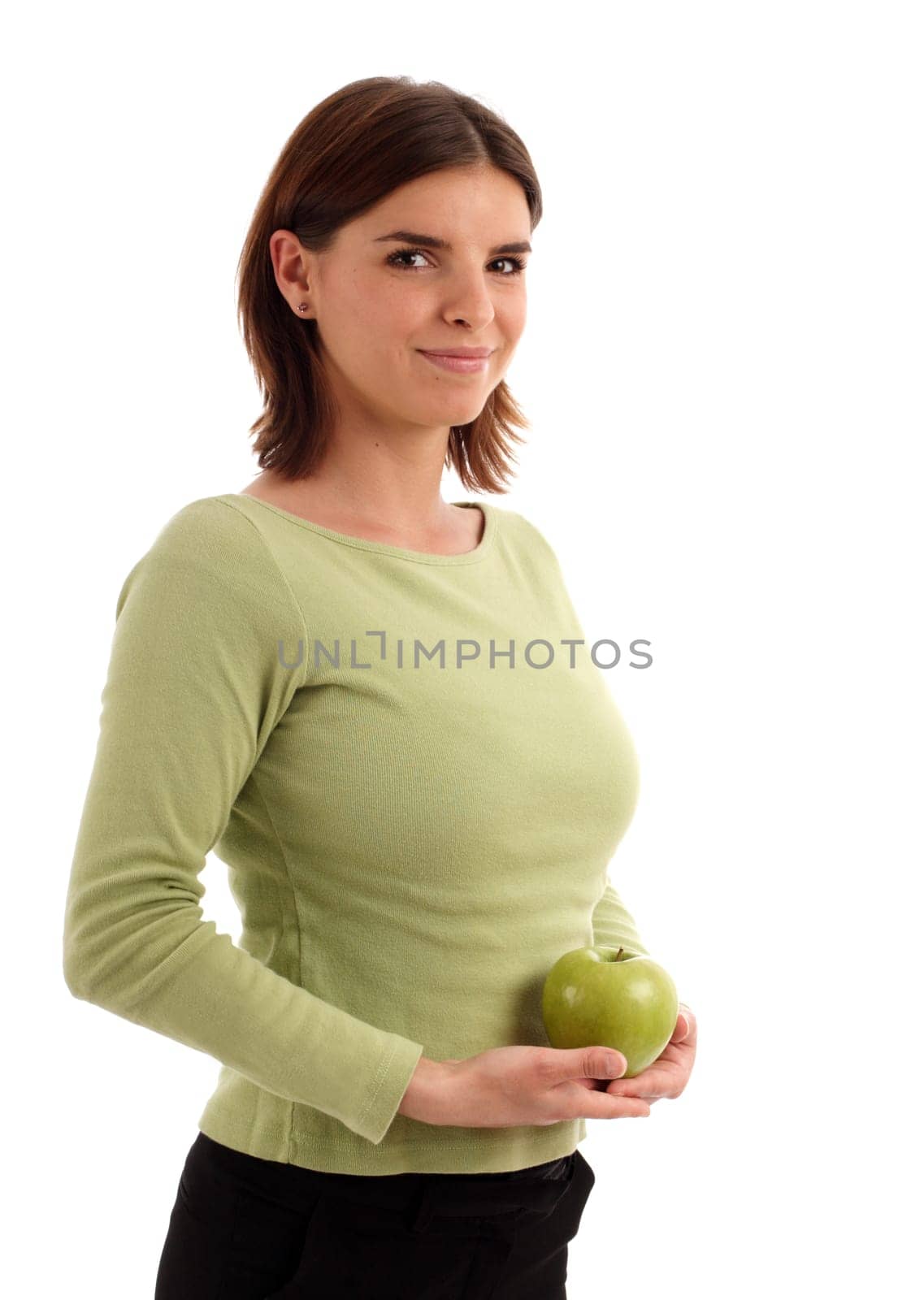Young woman holding green apple, healthy life