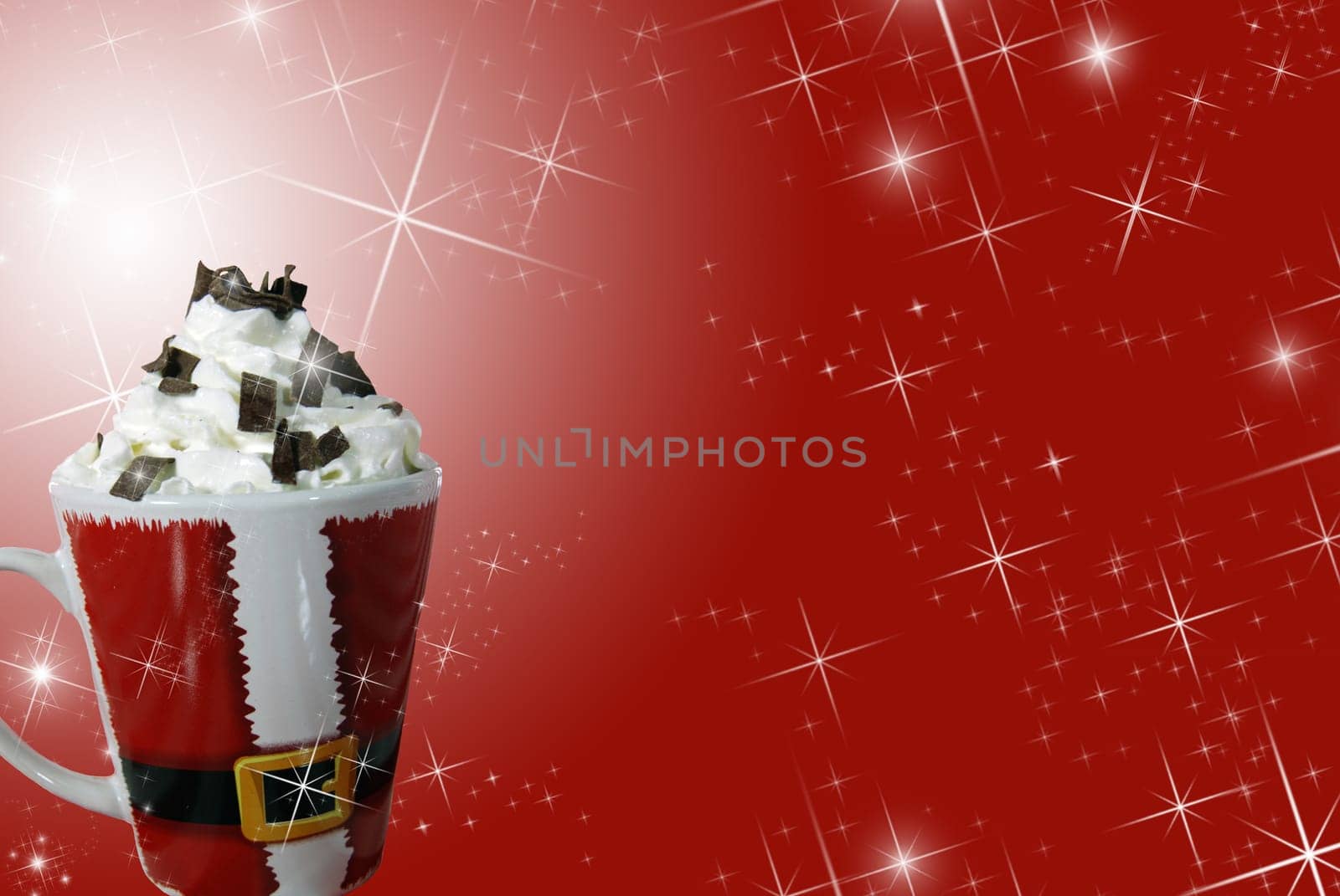 Santa mug filled with a warm beverage and whipped cream.