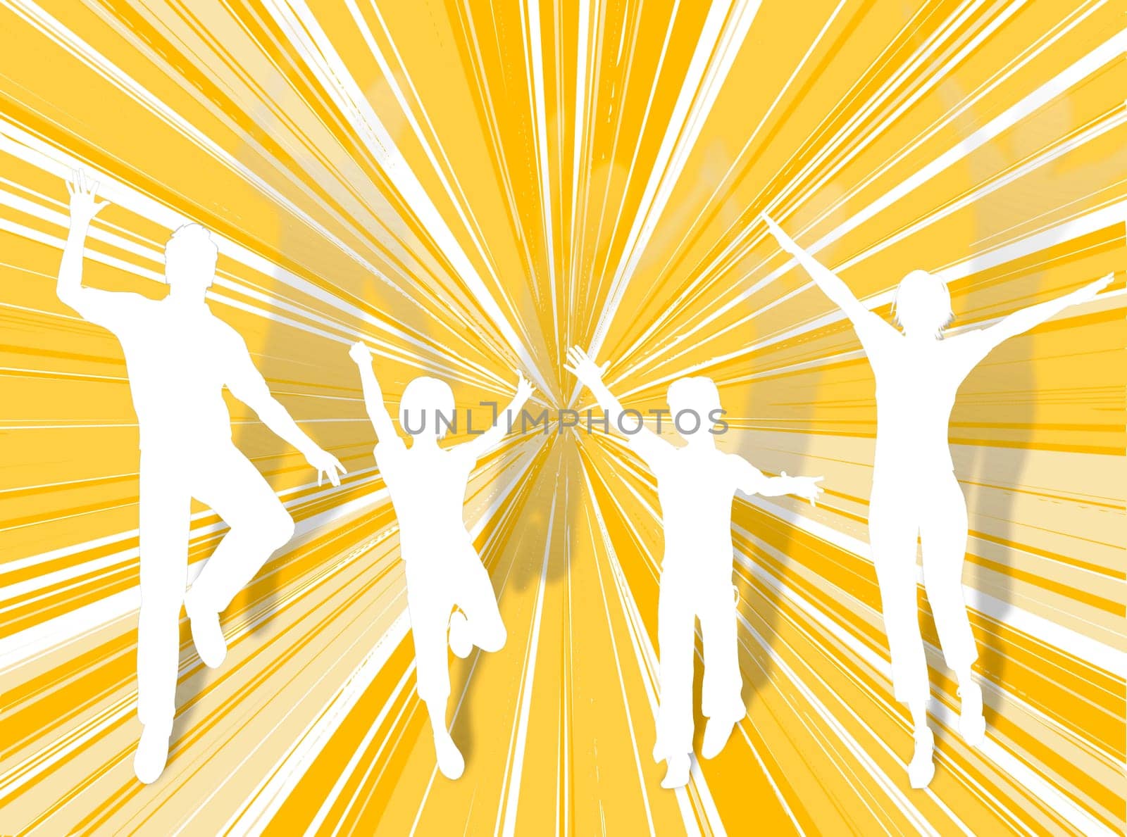 Family silhouette dancing and jumping for happiness