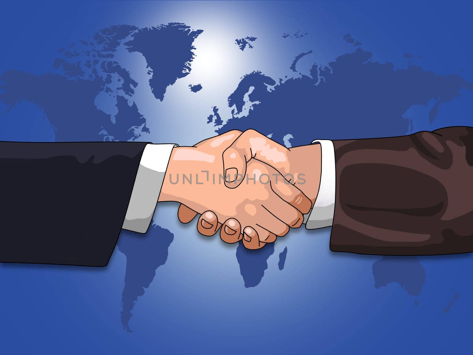 Illustration of two hands shaking over a map of the earth