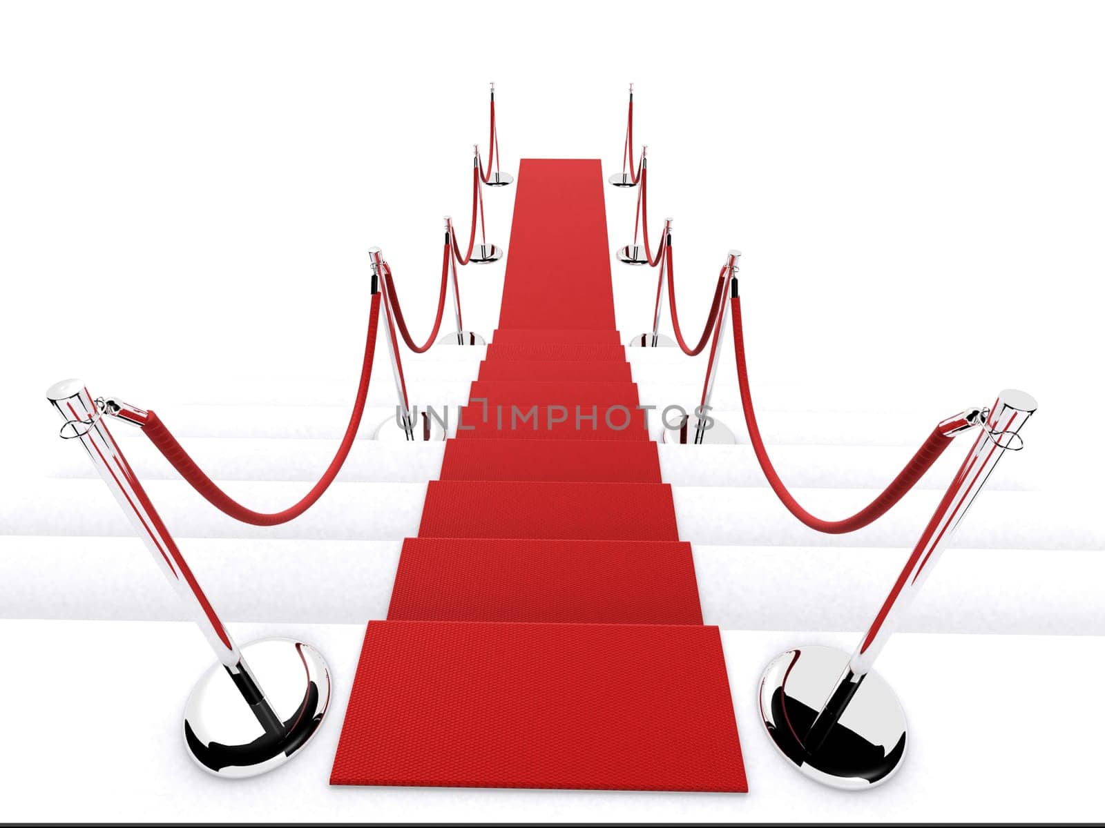 3d rendered illustration of a stair with a red carpet and metal barriers