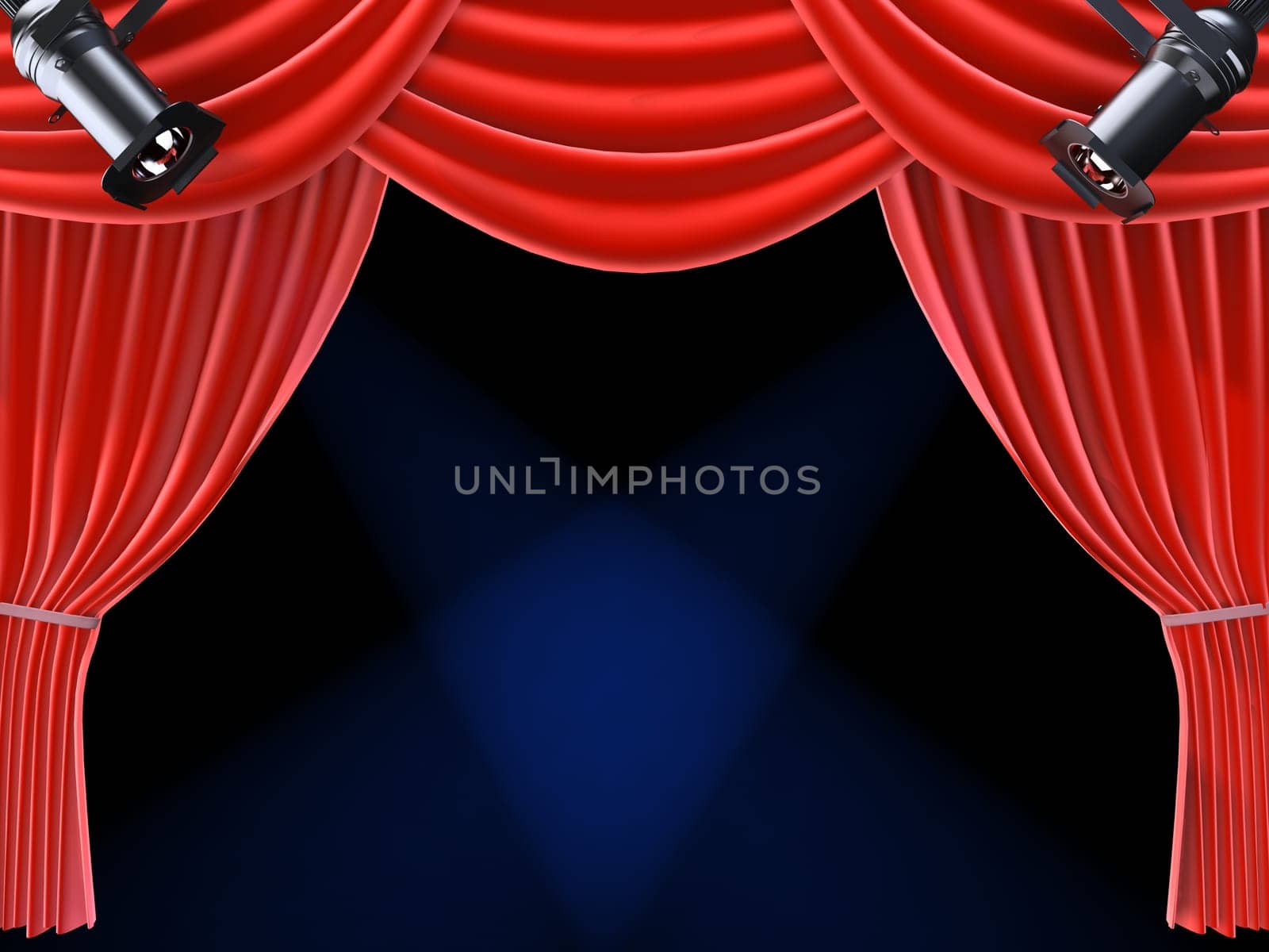 3d rendered illustration of a red theatre curtain with two spotlights