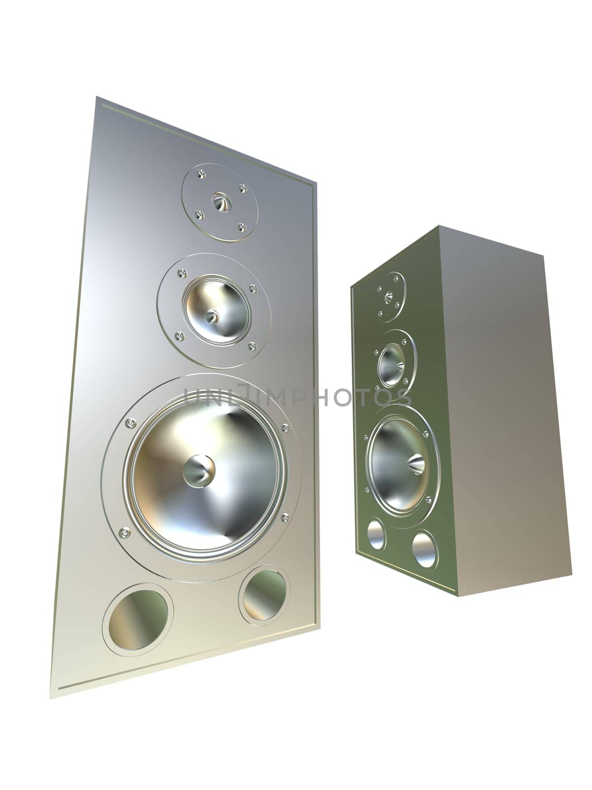 3d rendered illustration of two silver speakers