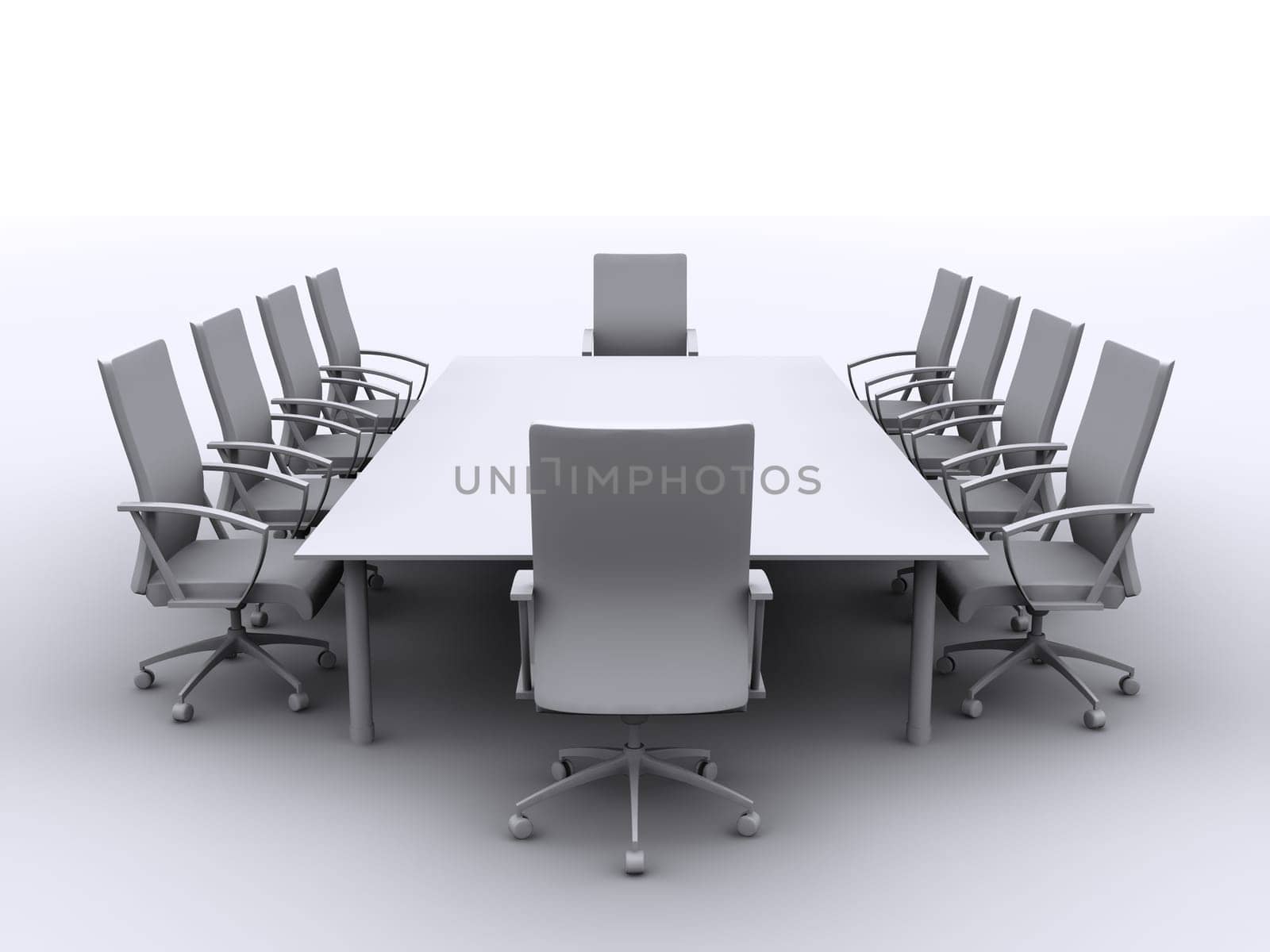 3d rendered black/white illustration of a conference table with chairs