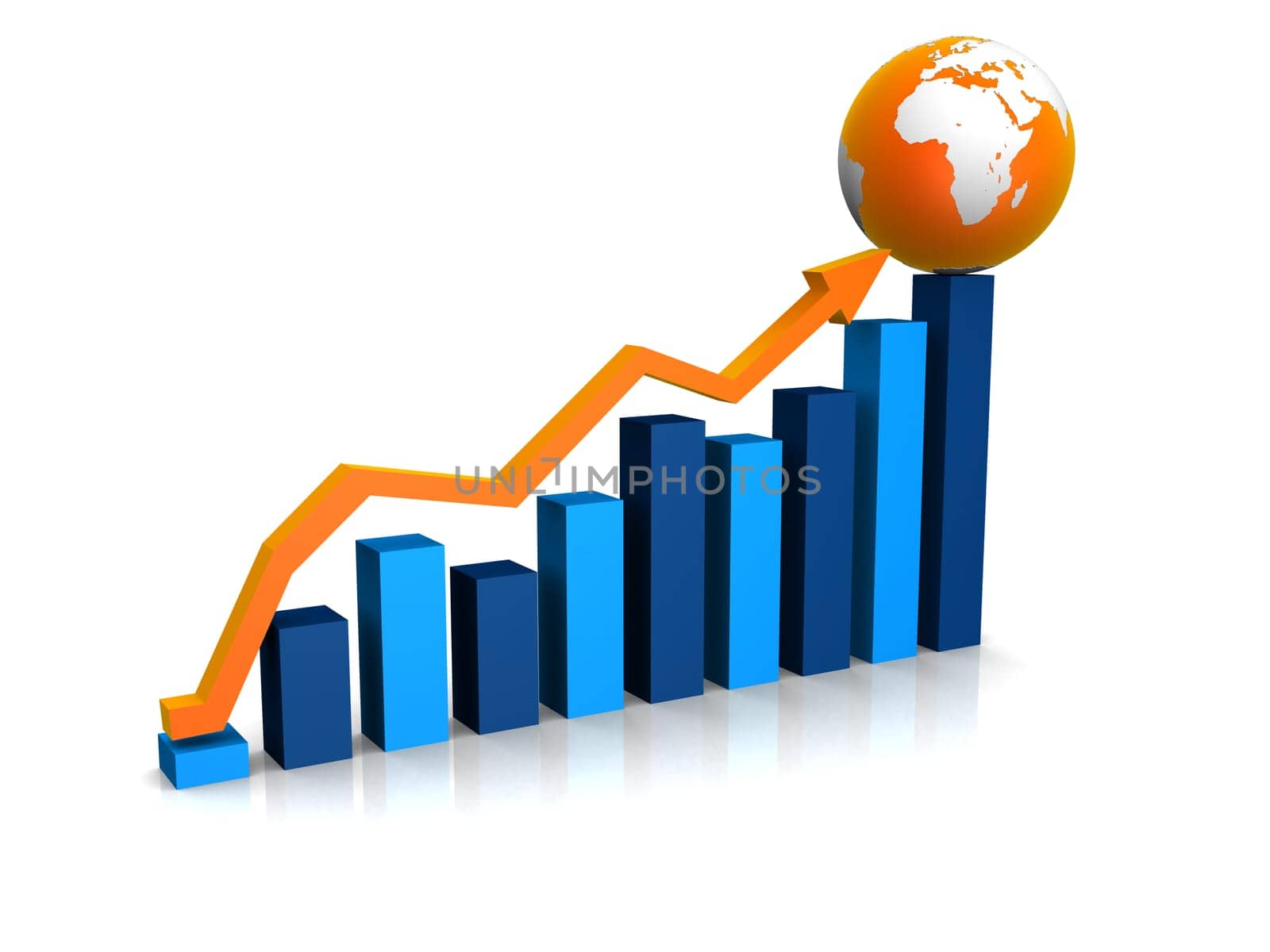 3d rendered illustration of a rising statistic with globe