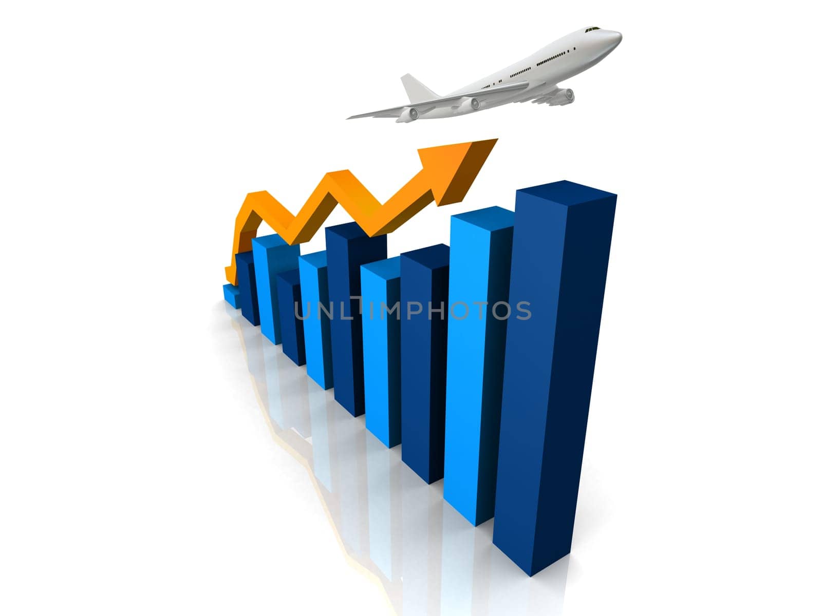 3d rendered illustration of a rising statistic with a plane