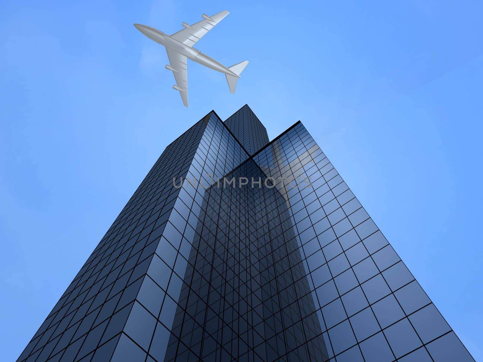 3d rendered illustration of big businesstowers and a white plane
