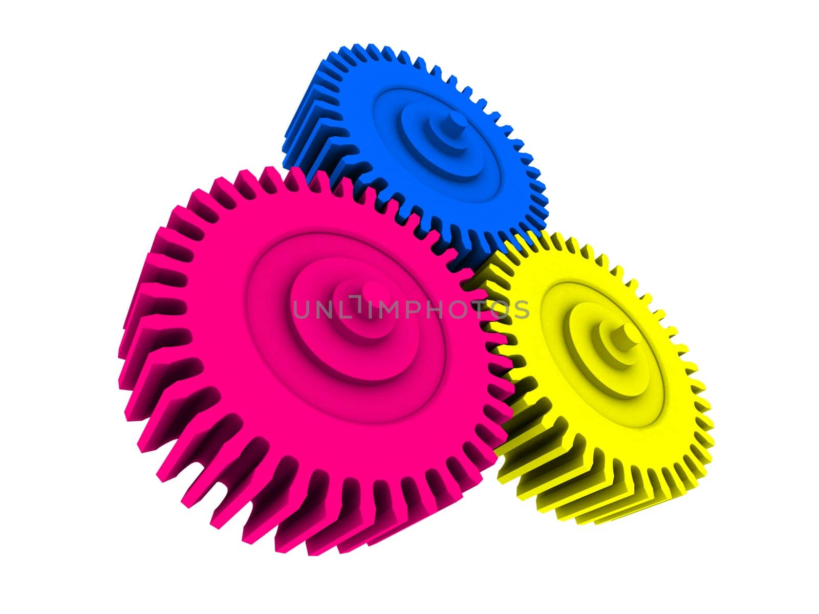 3d rendered illustration of three colorful gears