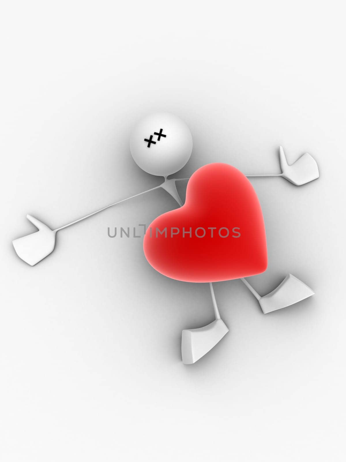 3d rendered illustration of a little character hit from a red heart