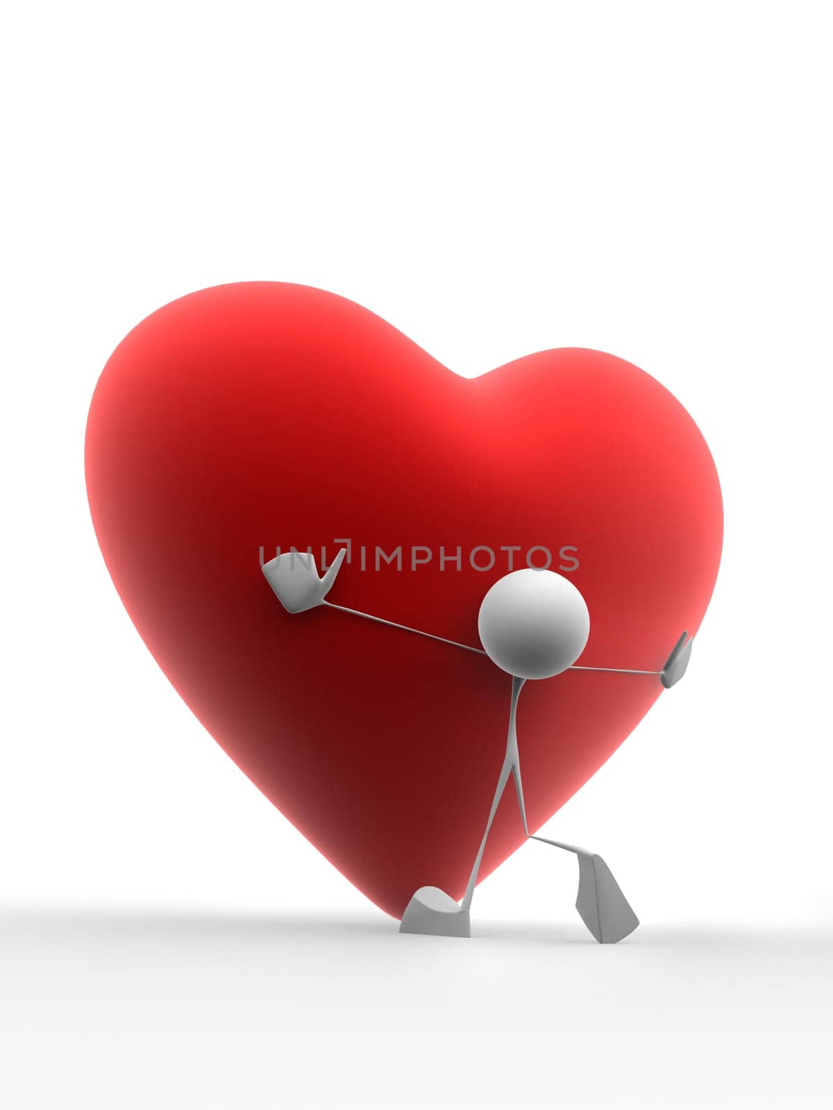 3d rendered illustration of a little character carrying a big red heart