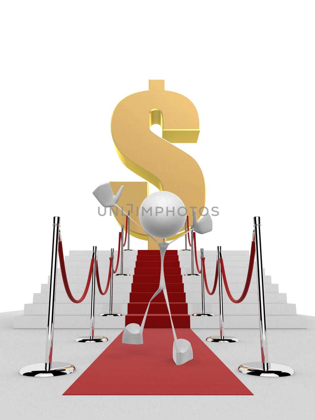 3d rendered illustration of a little character on a red carpet