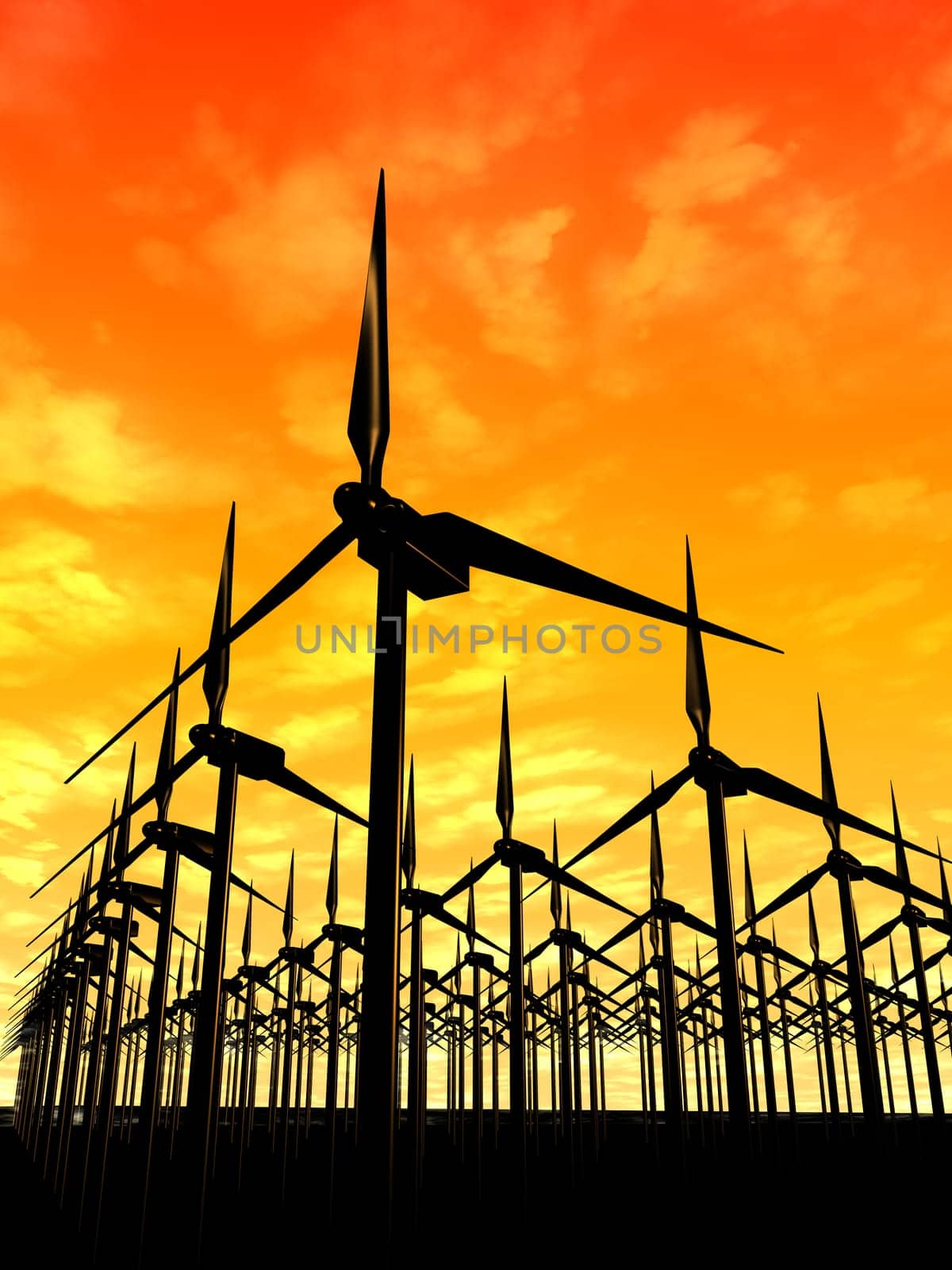 3d rendered illustration of many wind mills in the sunset