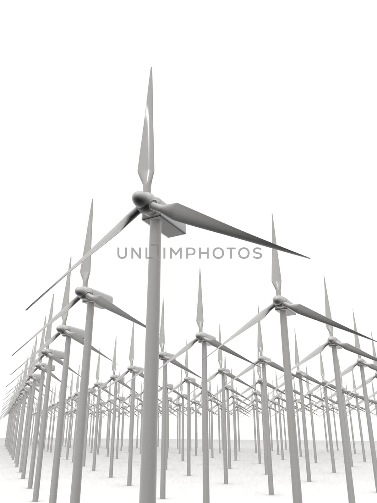 3d rendered black/white illustration of many wind mills