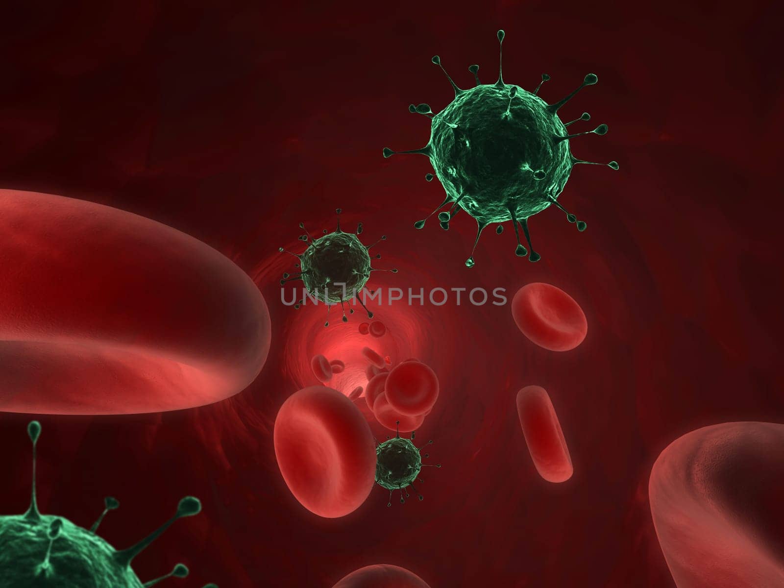 3d rendered illustration of an artery with blood cells and viruses