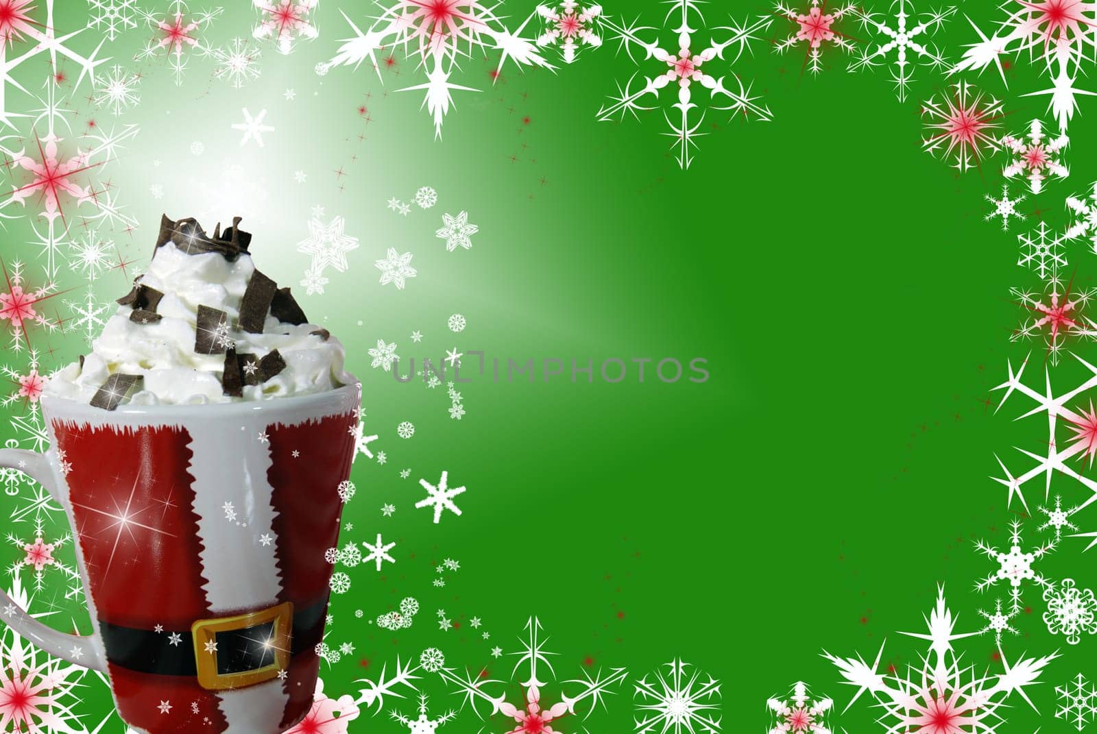 Santa mug filled with a warm beverage and topped off with whipped cream on a snowflake background.