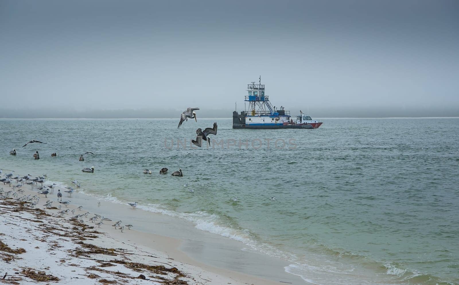 Pelicans dive near a fishing vessel off the Pensacola Shore