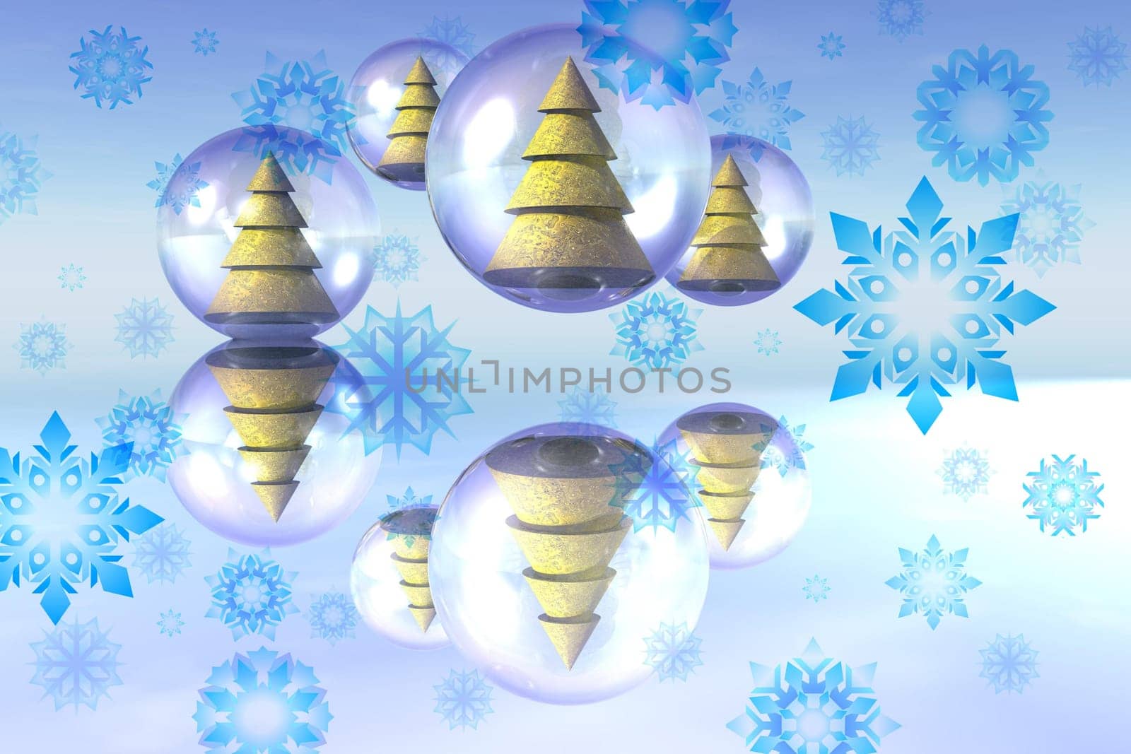3D render illustration of christmas trees bubbles with snowflakes
