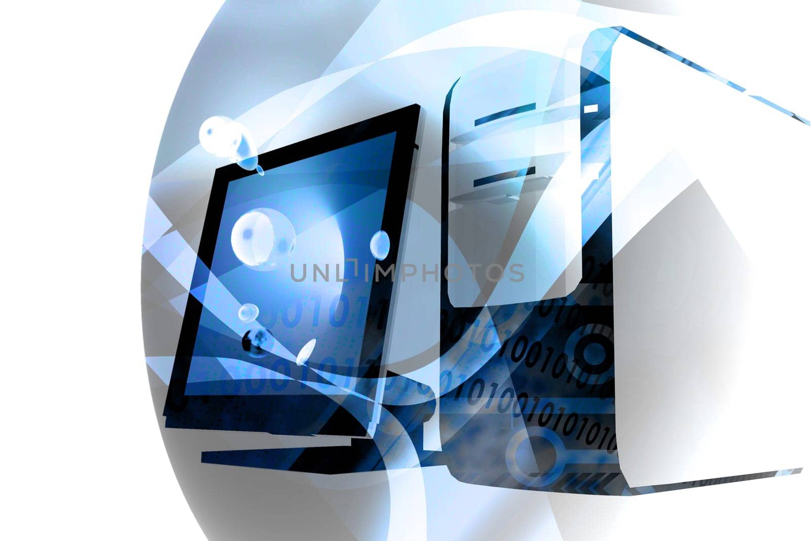 desktop computer with abstract technology elements