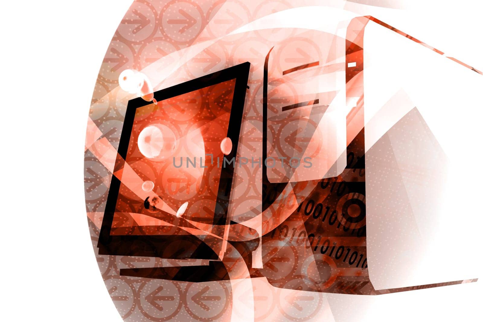 desktop computer with abstract technology elements