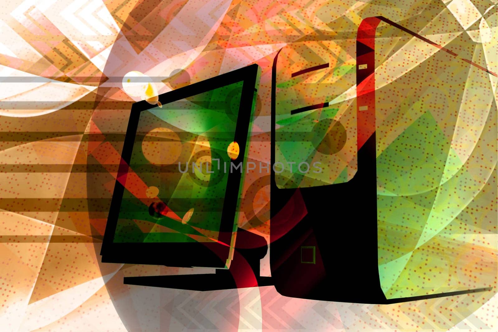 desktop computer with abstract technology elements
