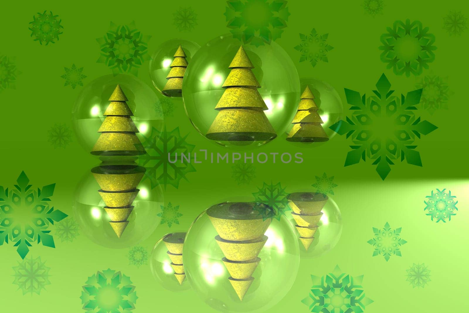 3D render illustration of christmas trees bubbles with snowflakes