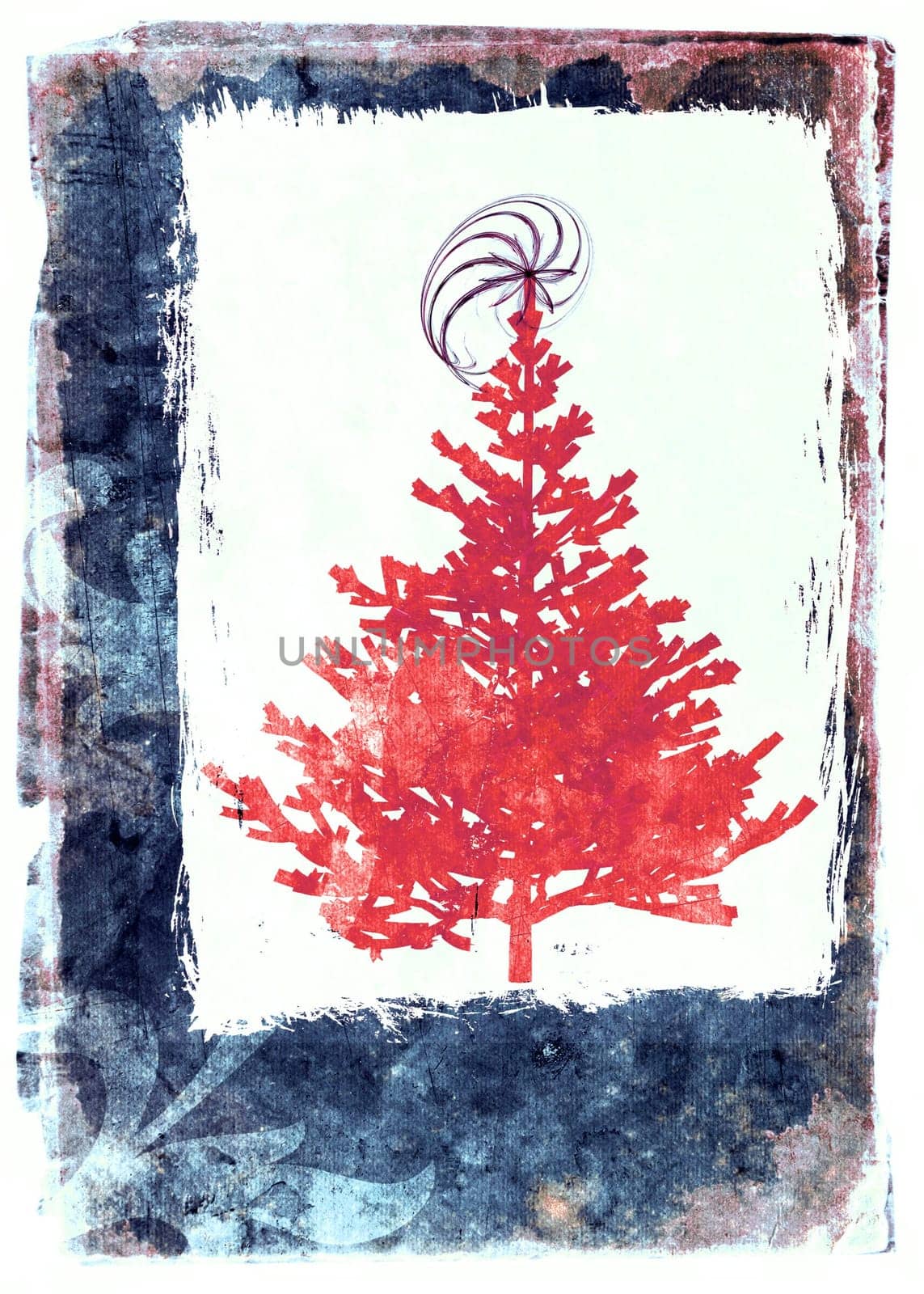 Mixed media illustration of vintage christmas tree over grunge background