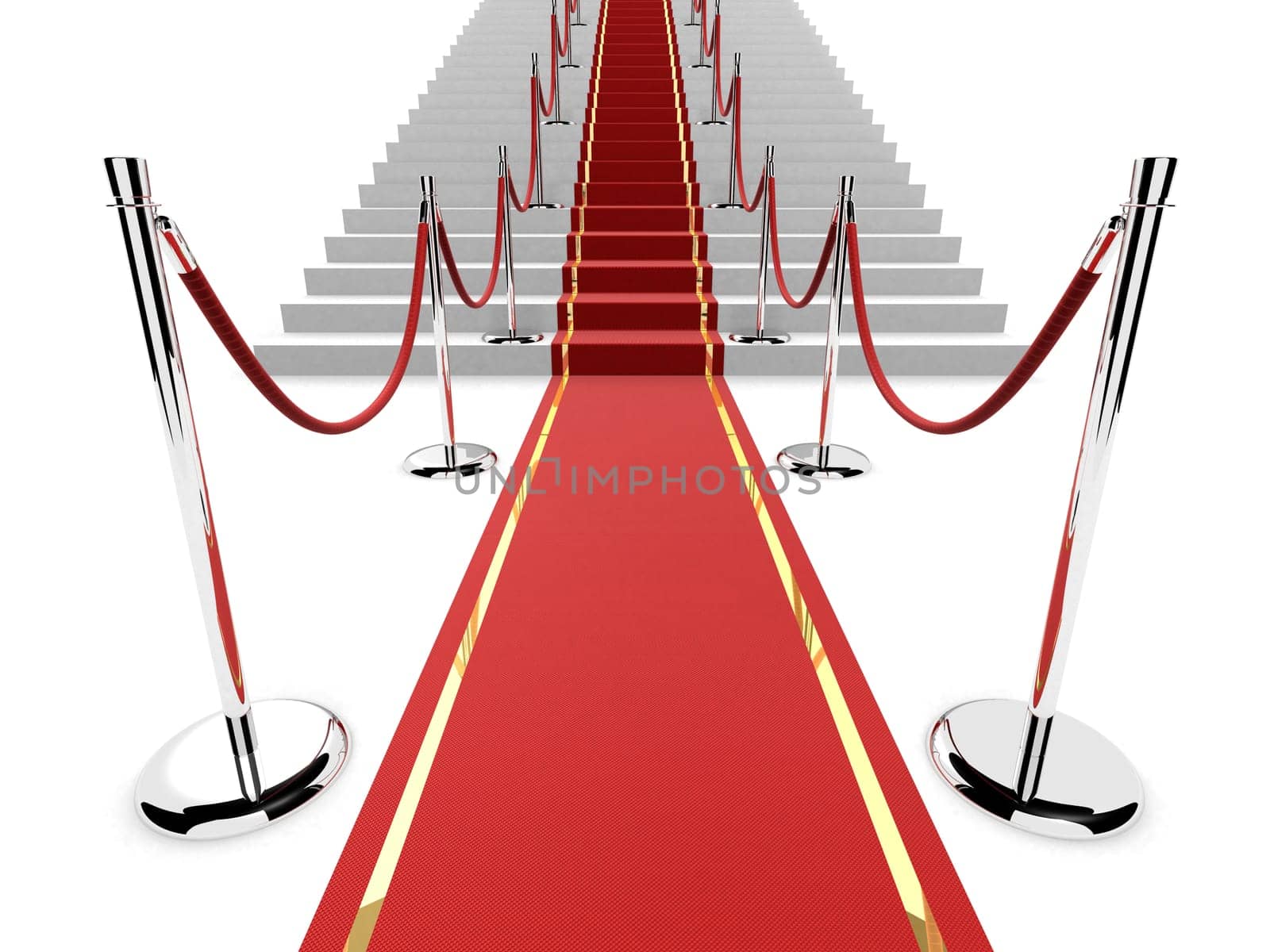 3d rendered illustration of stairs with a red carpet and barriers