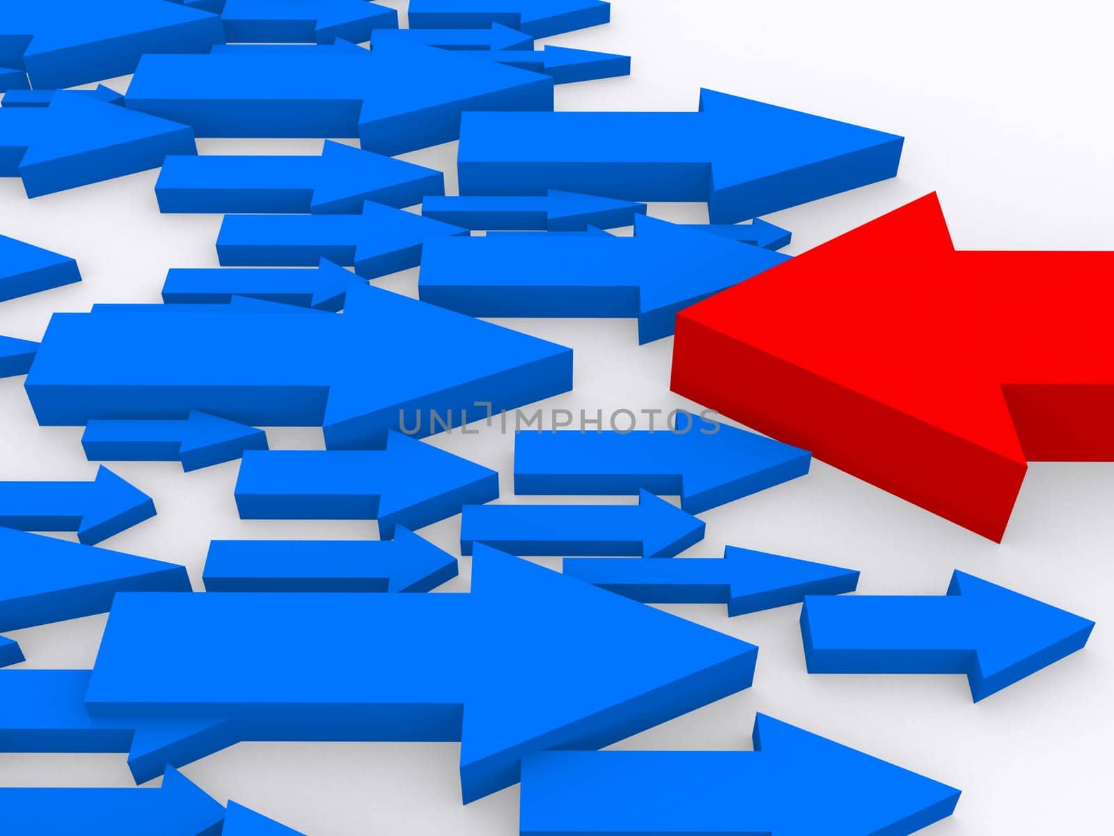 3d rendered illustration of many blue and one red arrow