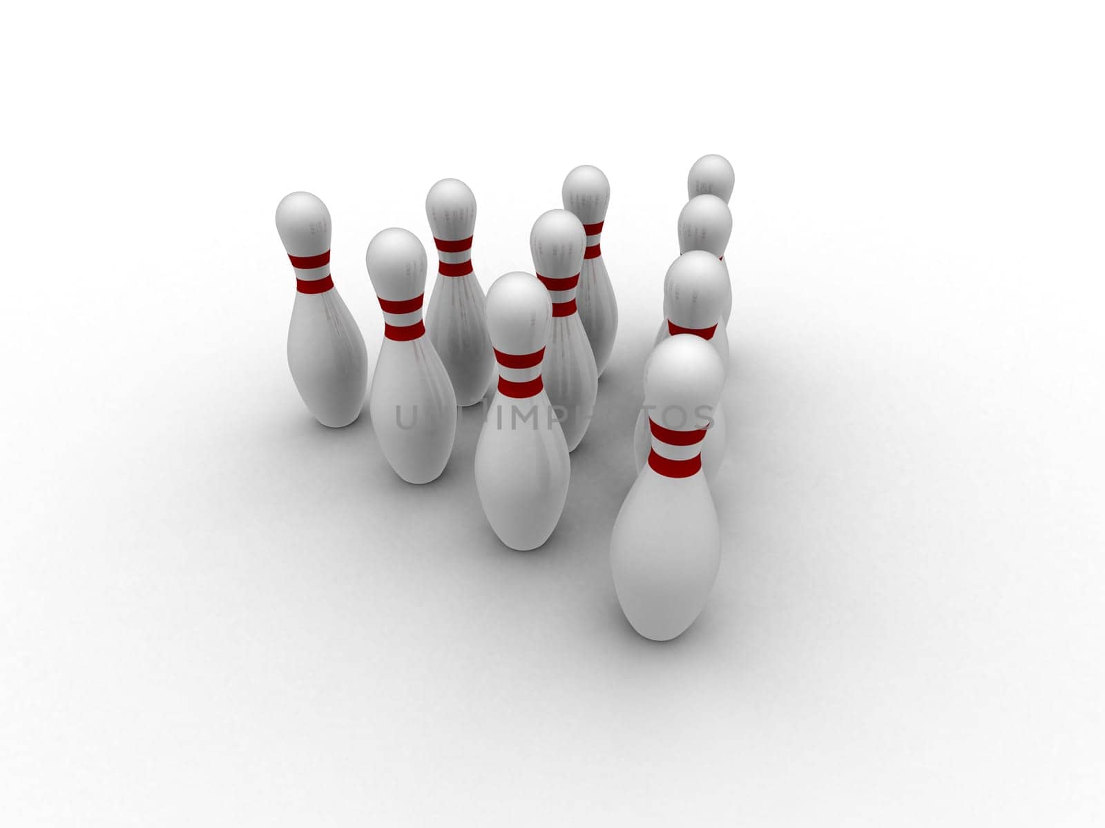 3d rendered illustration of nine white bowling pins