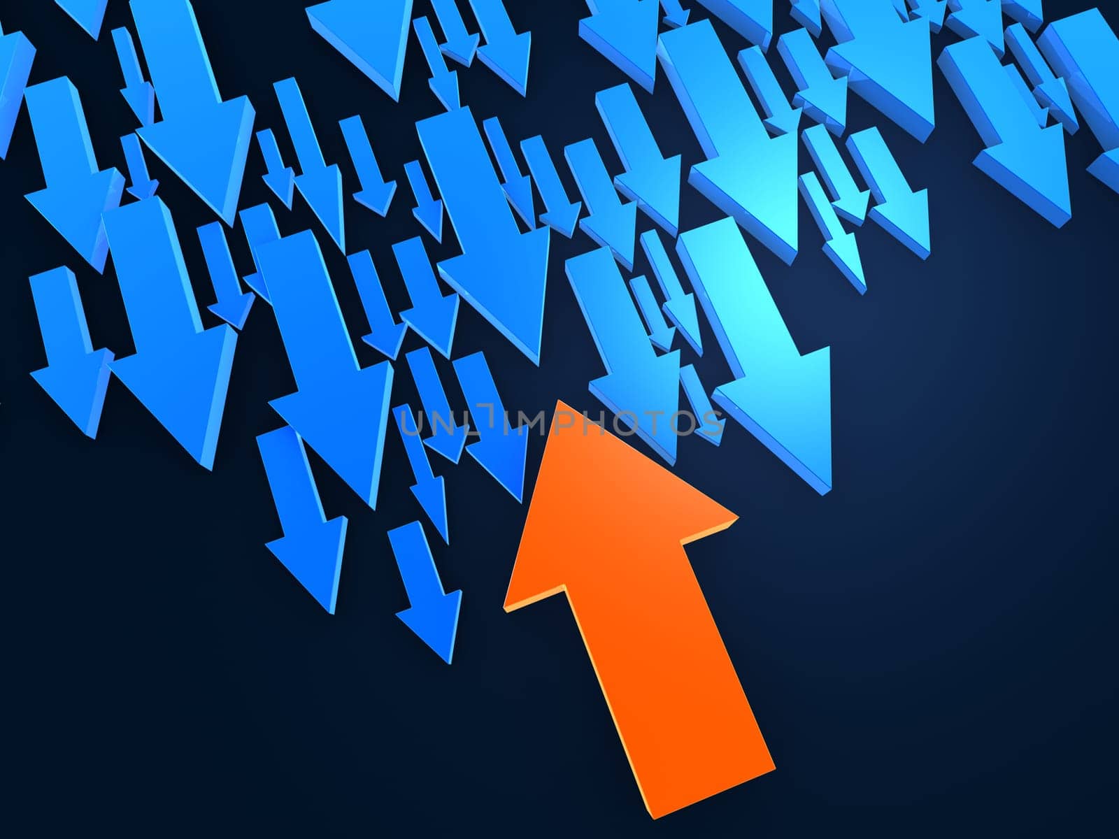 3d rendered illustration of many blue and one red arrow