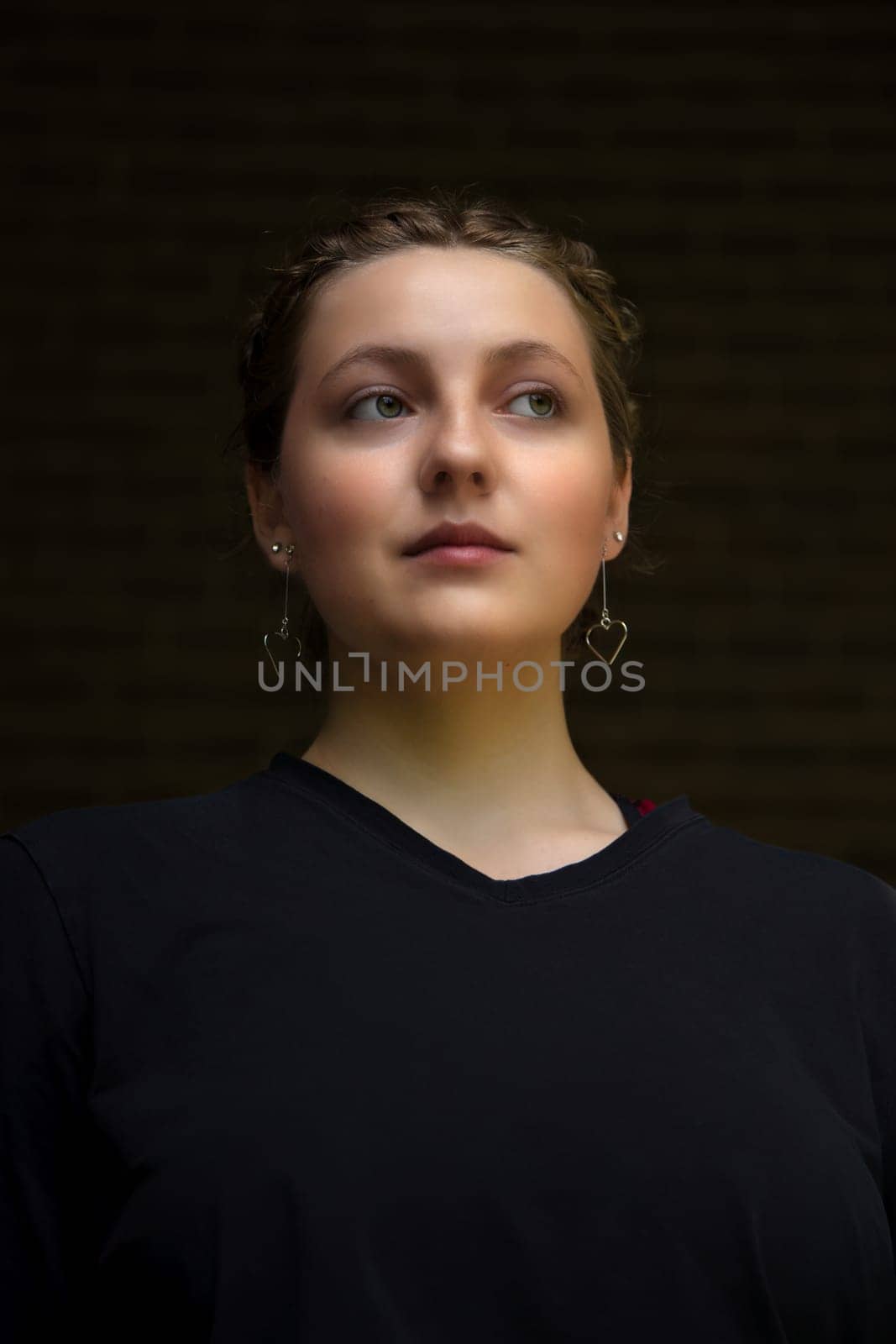 young beautiful woman black dress wearing makeup black evening wear pretty girl brunette hairstyle and earring