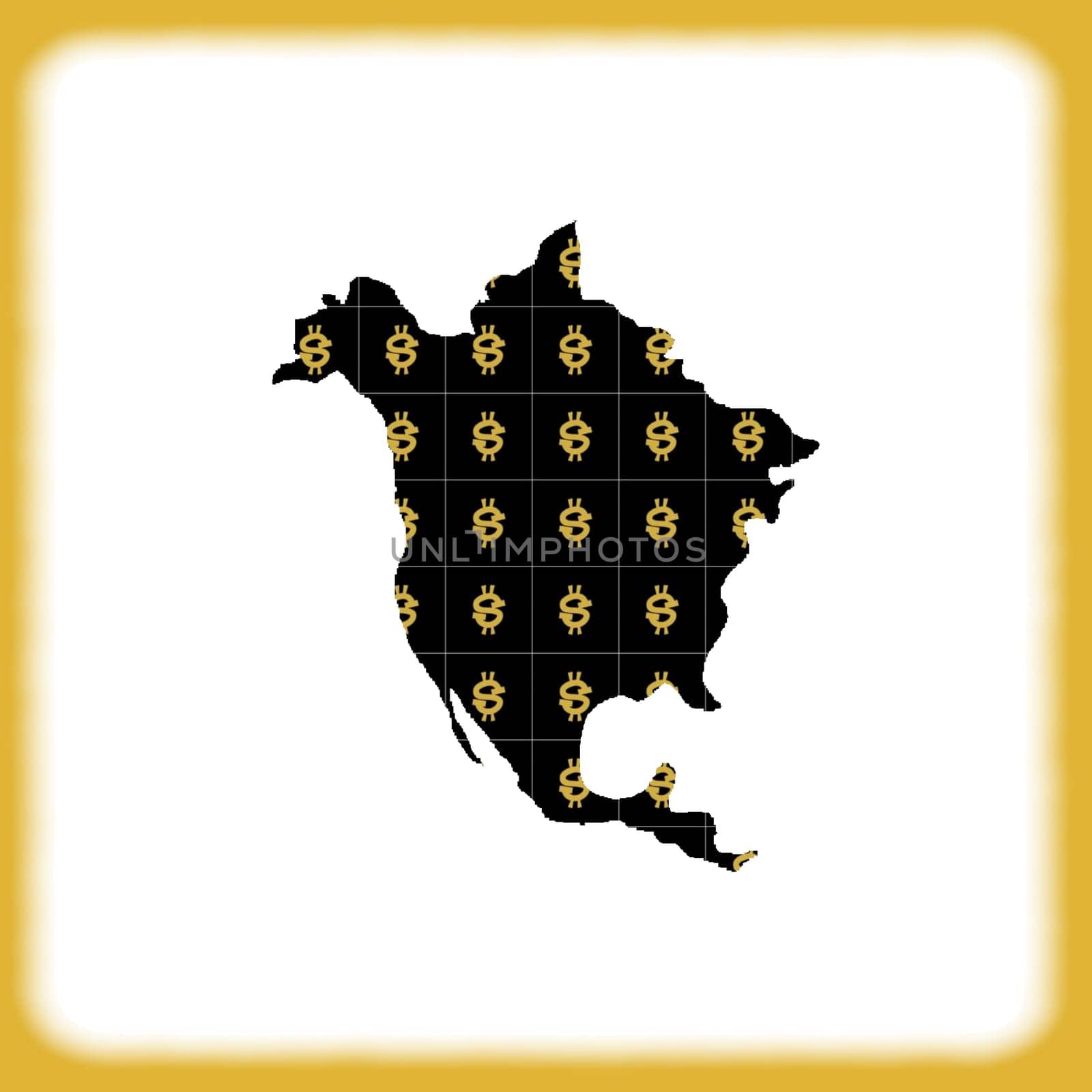 A black nothern america map full with dollars symbols.