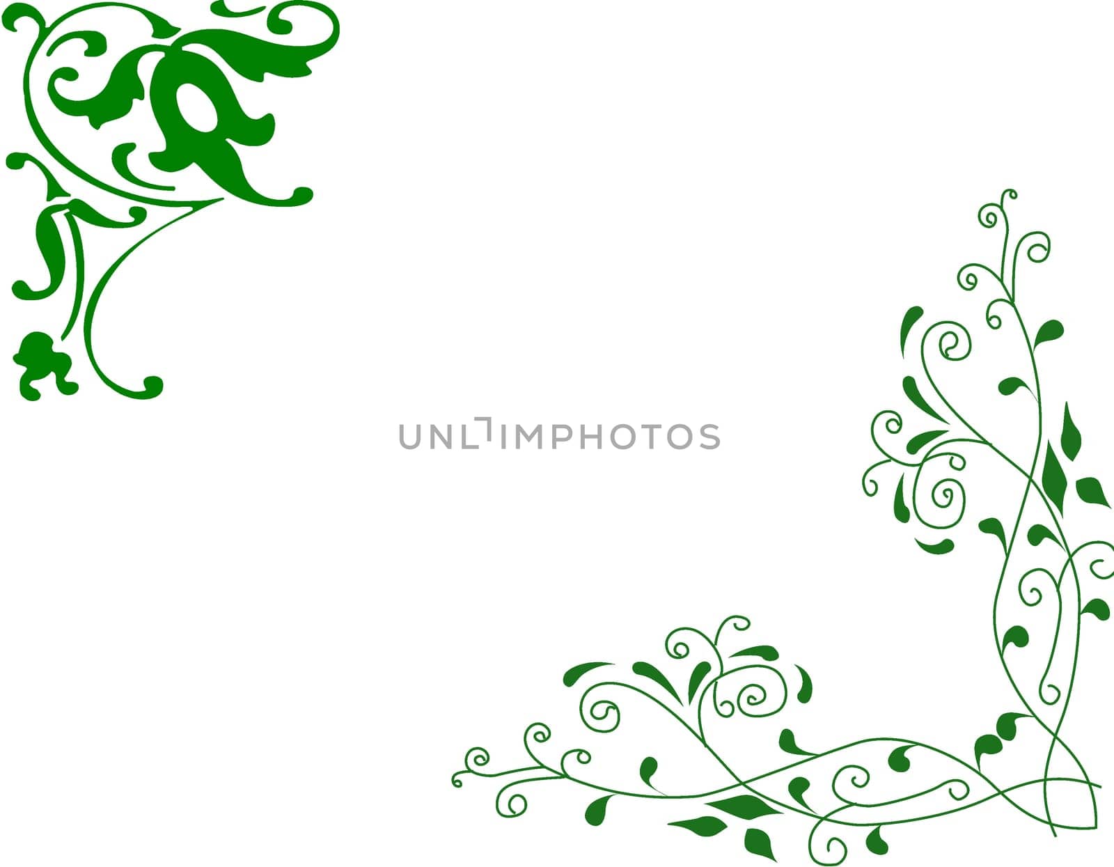 A white rectangle with two large green swirls in ooposite corners.