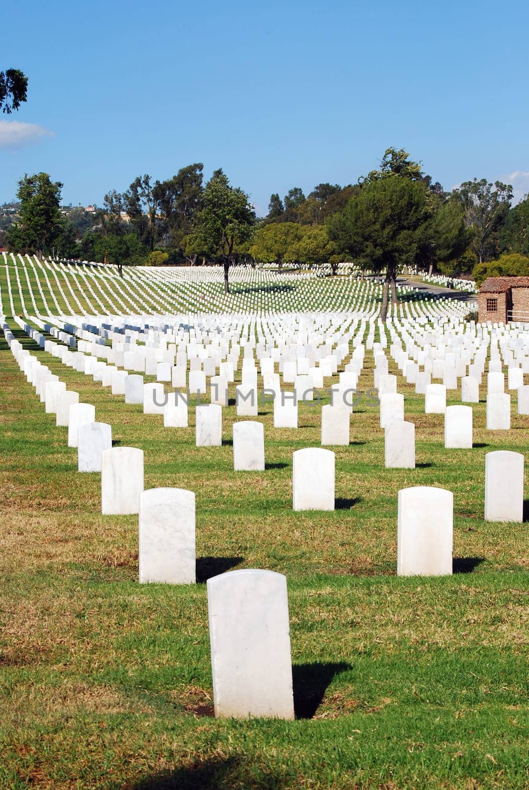 Tombstones lined up in the Los Angeles National Cemetery. The VA National Cemetery Administration honors the military service of our Nation's veterans.