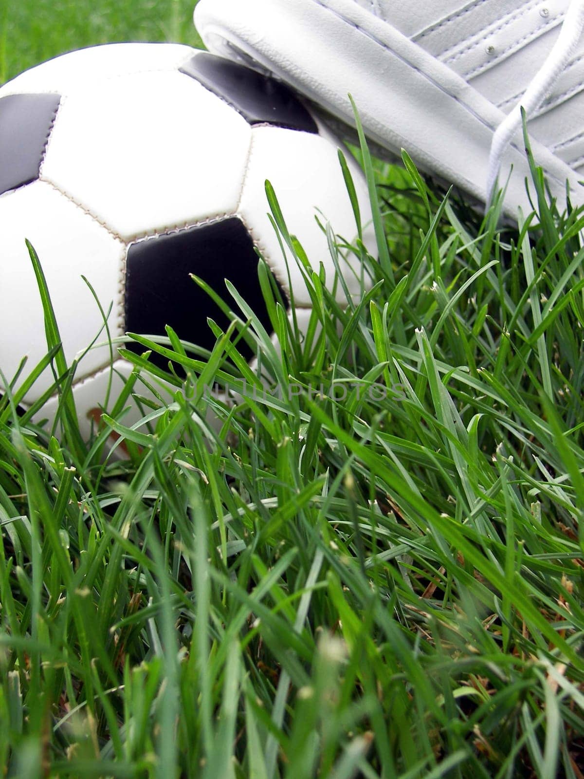 Athletic shoes leaning on soccer ball.