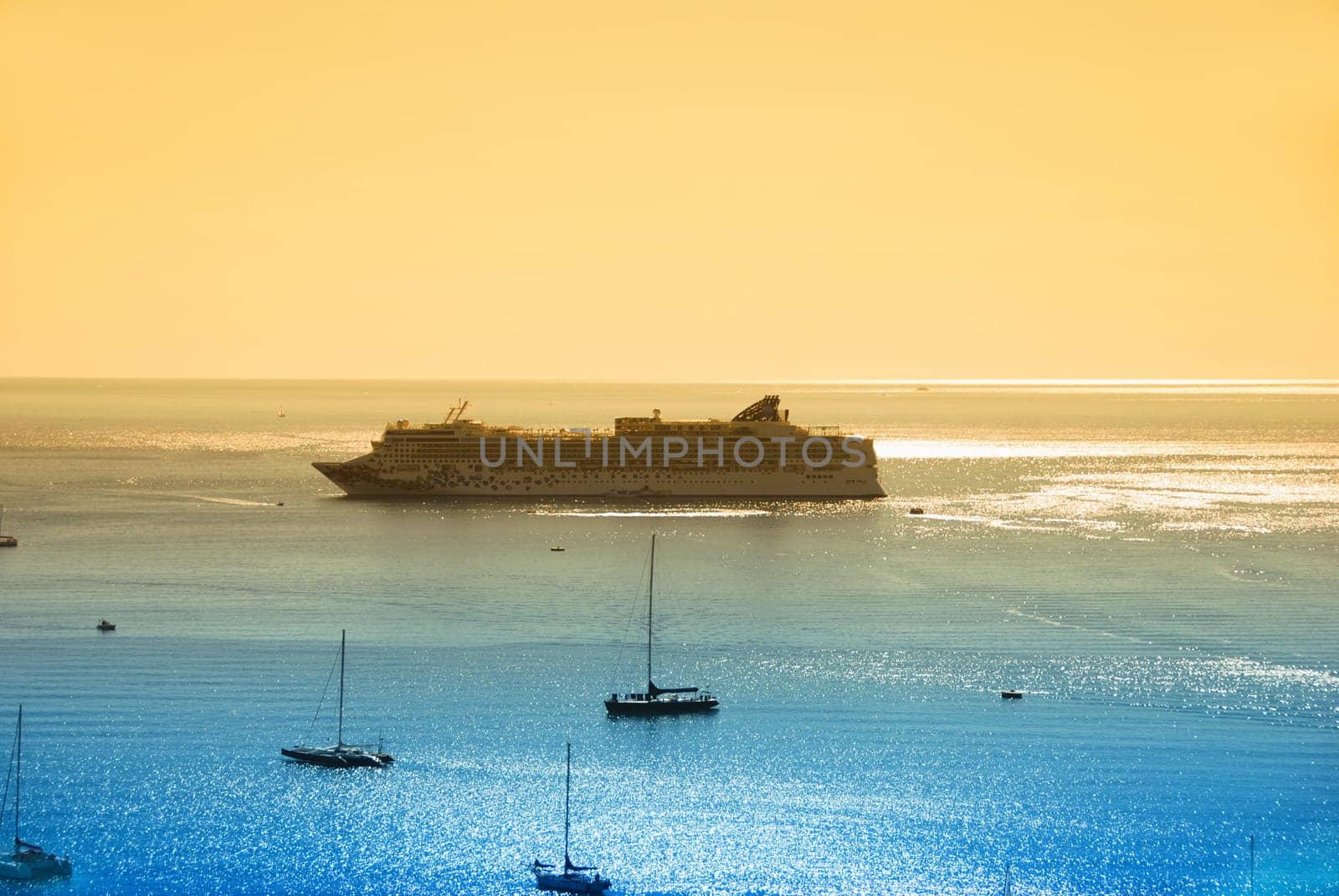 Ocean liner visiting exotic port of call