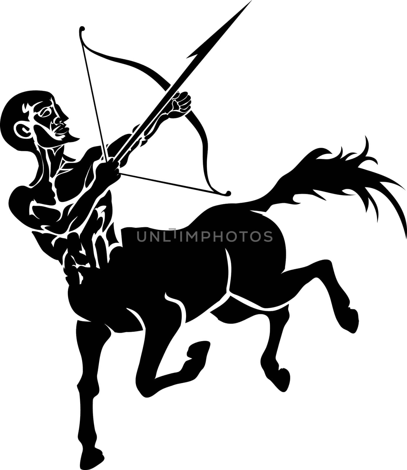 Monochrome vector illustration of a stylised Centaur with a bow and arrow